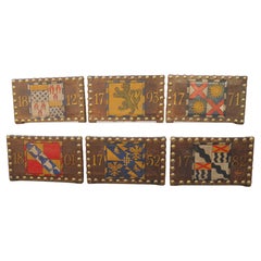 Set of Six Hand Painted Antique Spanish Studded Leather Chair Backs, C. 1880s