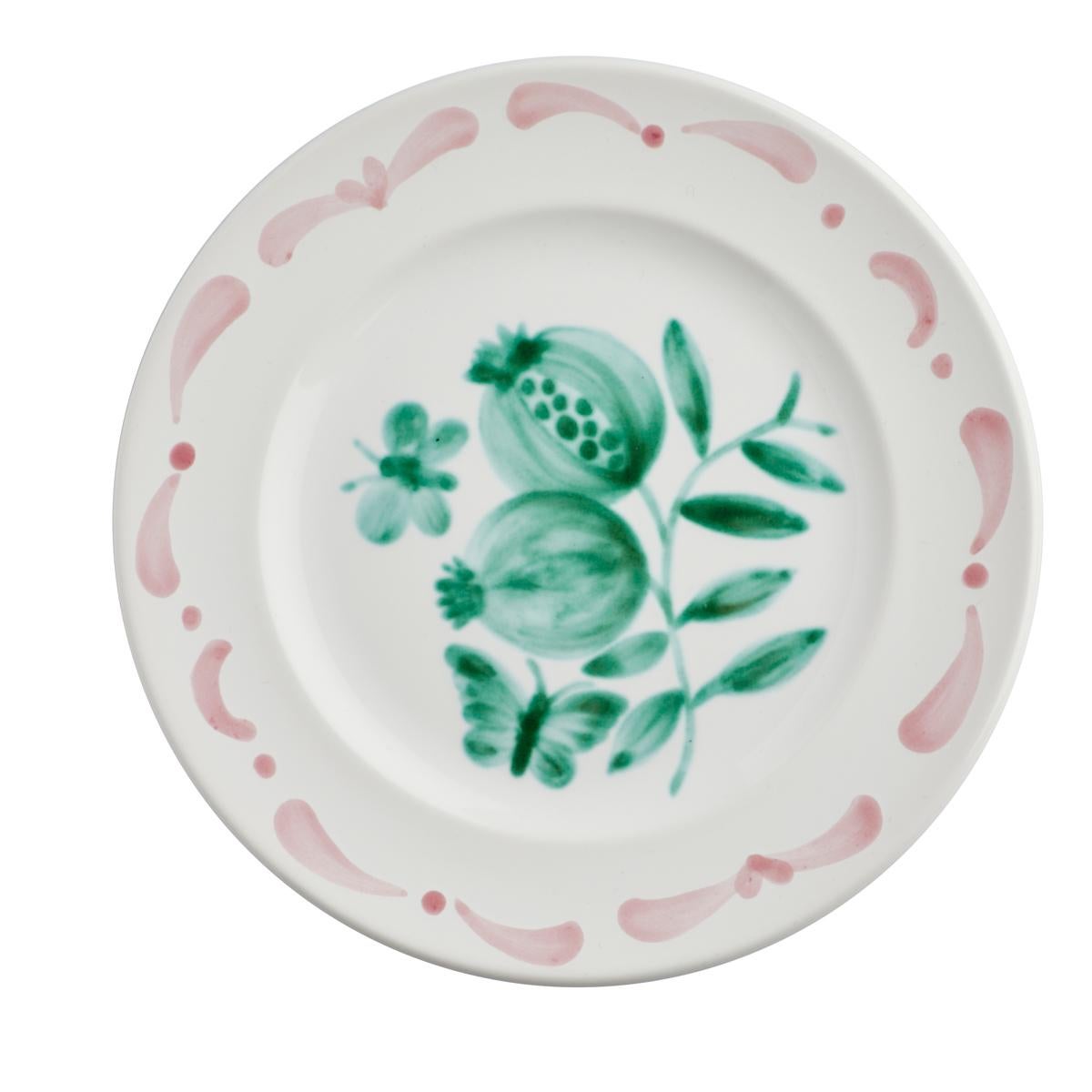 Country Style set of six hands-free painted ceramic dinner plates. Decorated with a handpainted green pomegranate decor in the center and a hands-free painted garlande in pink. The garlande can be ordered in different colors. Produced in Austria in
