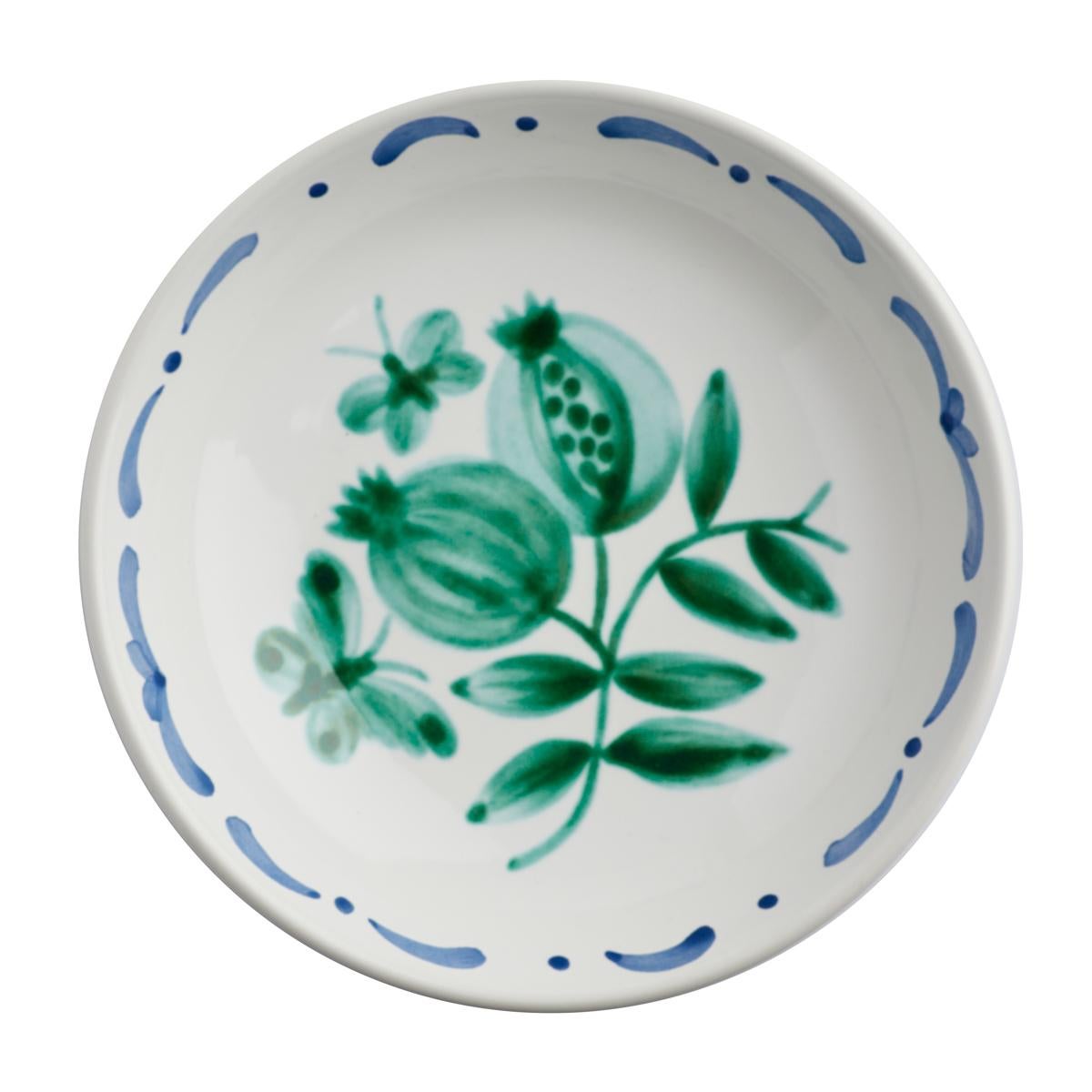 Country Style set of six hands-free painted ceramic cereal dishes or soup dishes. Decorated with a handpainted green pomegranate decor in the center and a hands-free painted garlande in blue. The garlande can be ordered in different colors. Produced