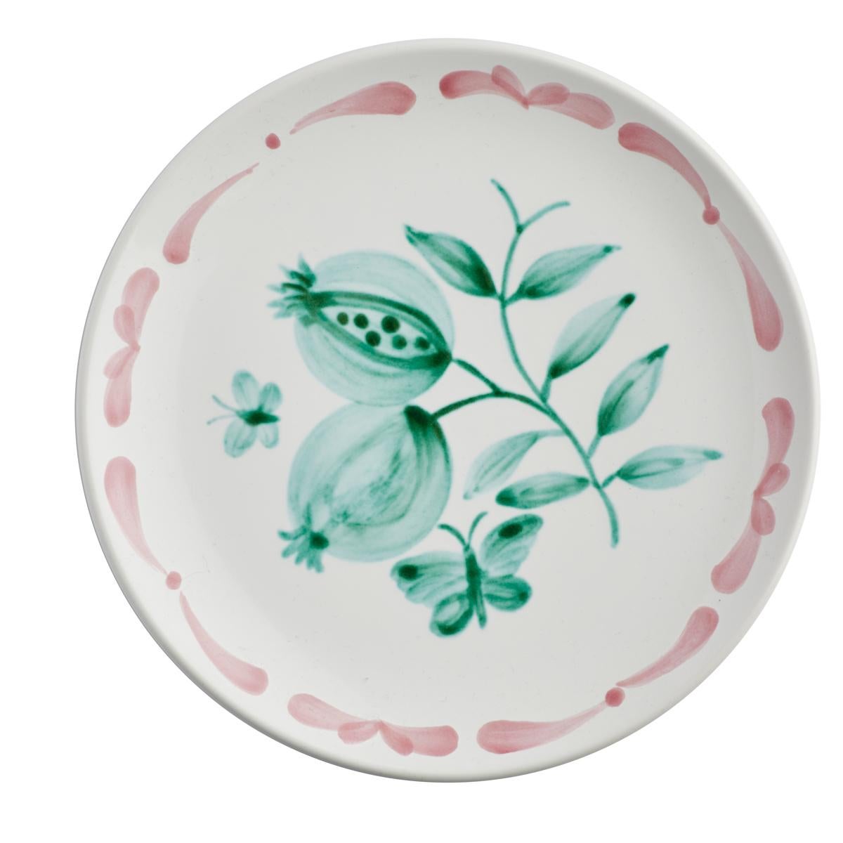 Country Style set of six hands-free painted ceramic cereal dishes or soup dishes. Decorated with a handpainted green pomegranate decor in the center and a hands-free painted garlande in pink. The garlande can be ordered in different colors. Produced