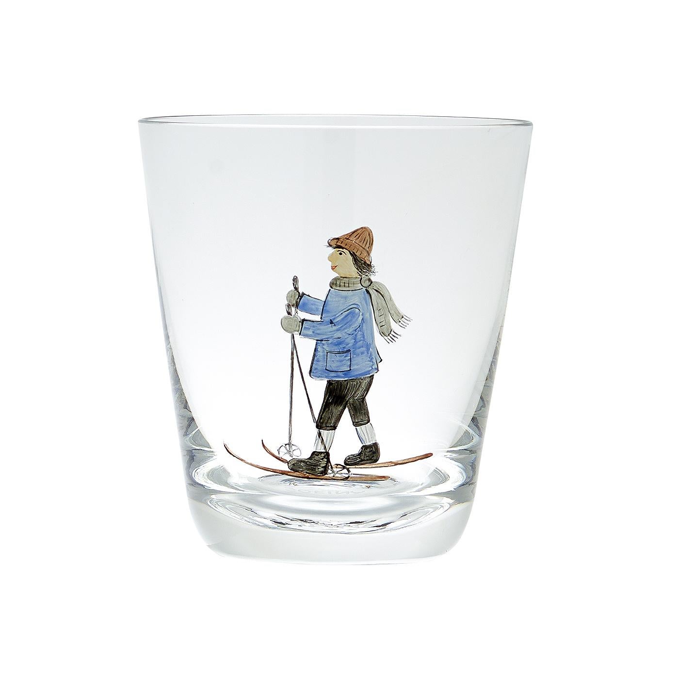 Set of six hand blown crystal glass tumbler. Decorated with a hands-free painted skiier boy in country style.
Comes in six different colors. Can be ordered in mixed colors or by each color. Made by hand in Germany.
Handpainted crystal is not