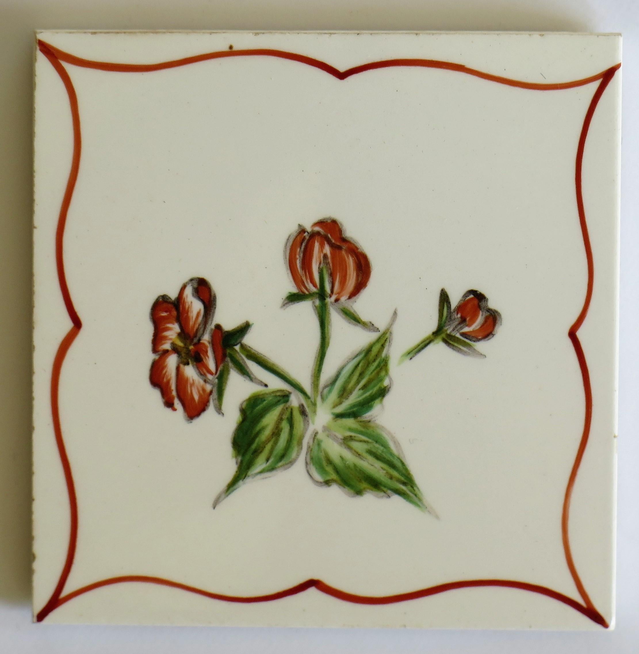 Cork Set of Six Hand Painted Flowers Coasters / Tiles in Original Box, Denmark 1940s