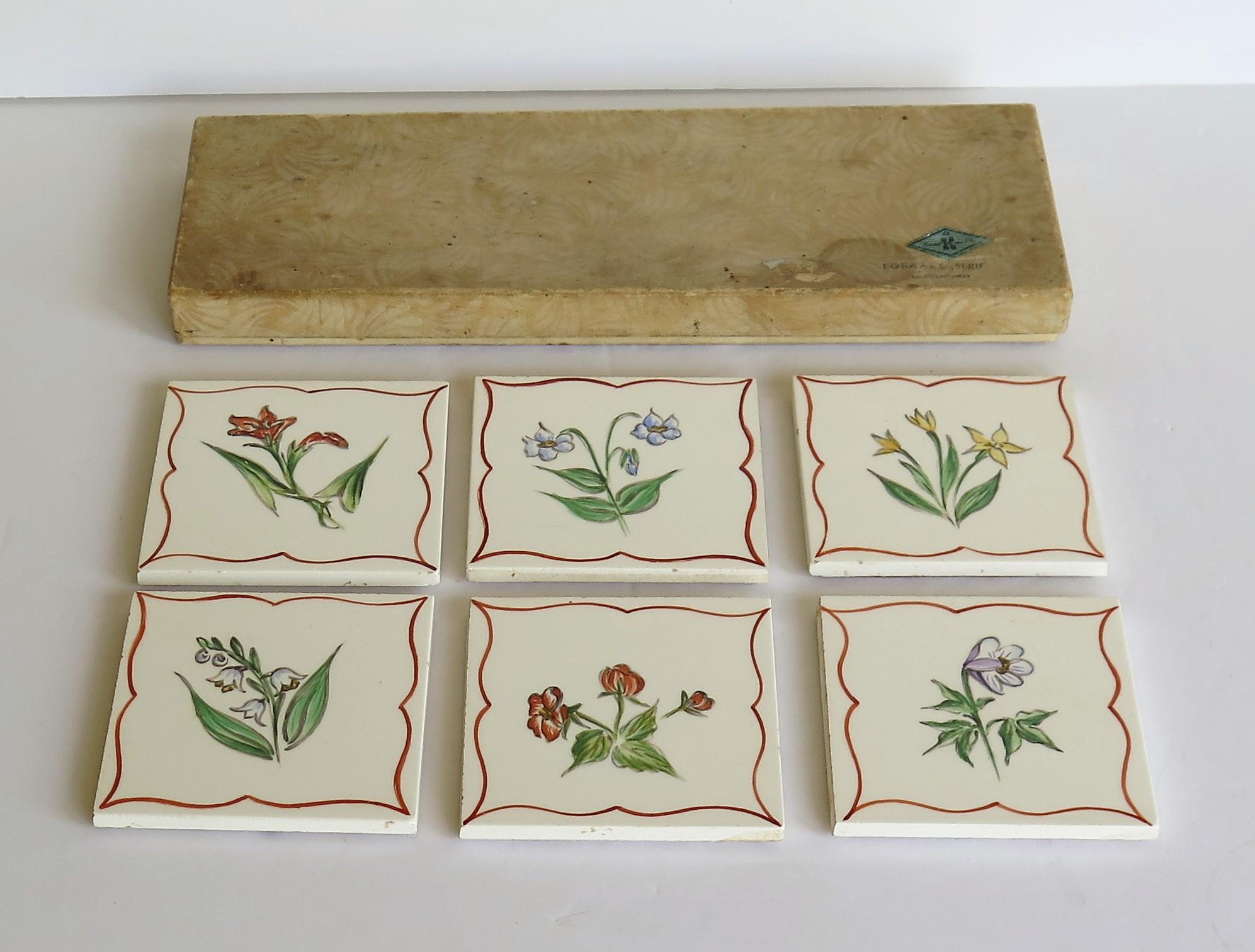 Set of Six Hand Painted Flowers Coasters / Tiles in Original Box, Denmark 1940s 1