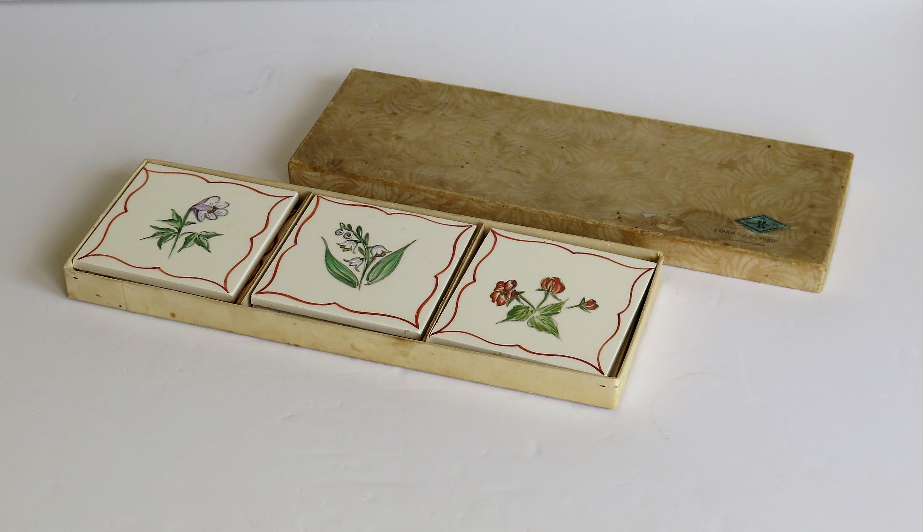 Set of Six Hand Painted Flowers Coasters / Tiles in Original Box, Denmark 1940s 2