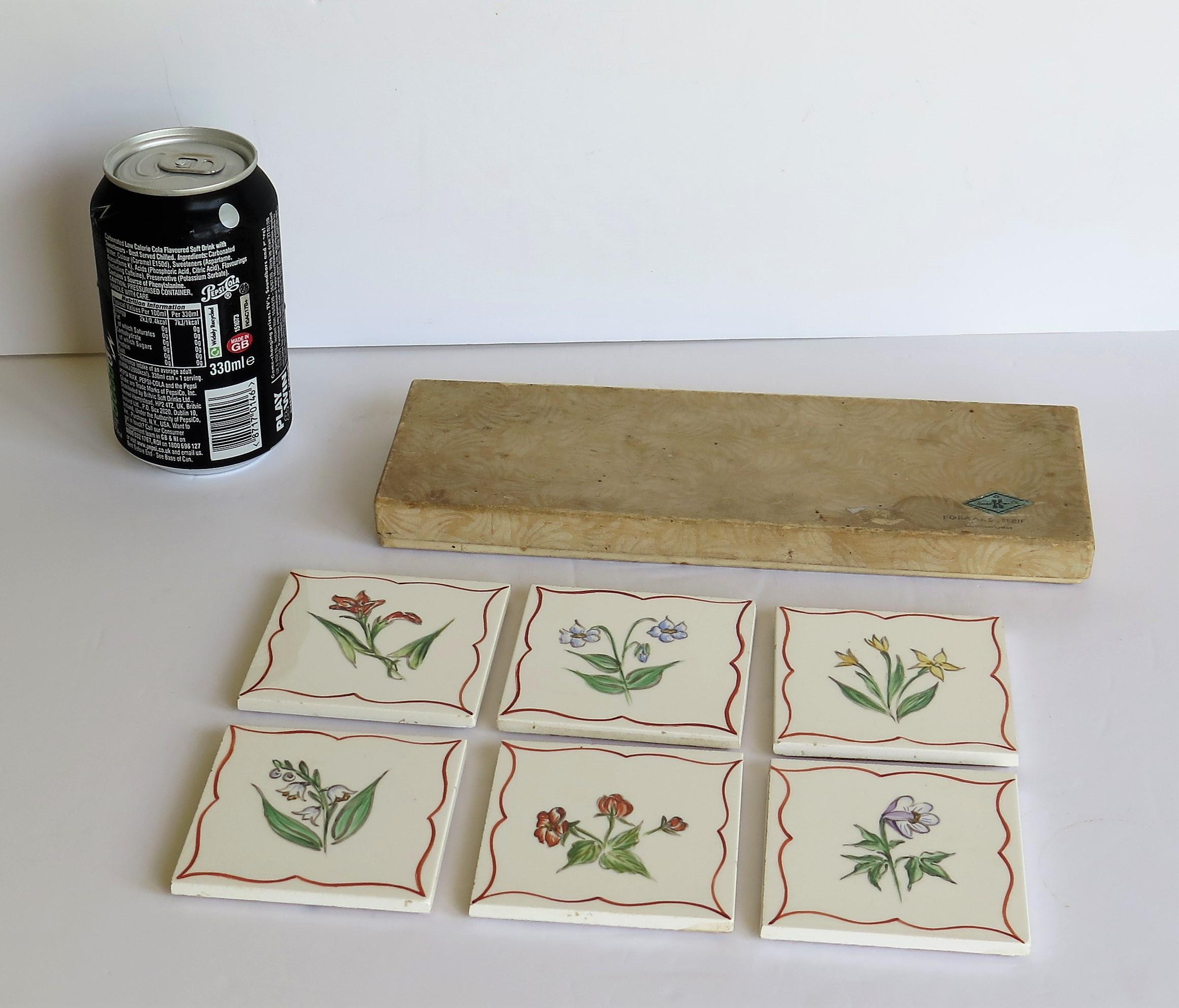 Set of Six Hand Painted Flowers Coasters / Tiles in Original Box, Denmark 1940s 6