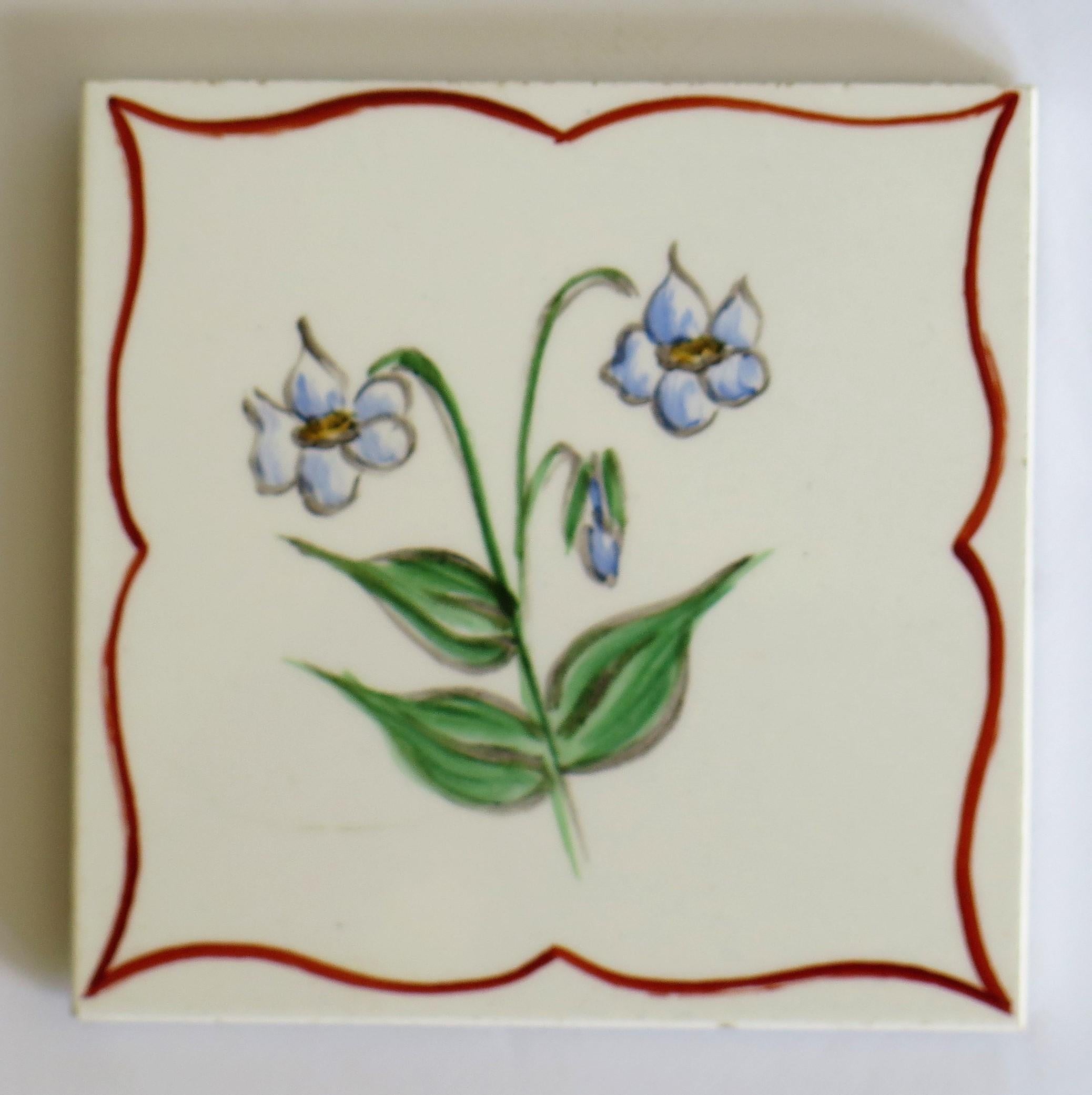 Mid-Century Modern Set of Six Hand Painted Flowers Coasters / Tiles in Original Box, Denmark 1940s