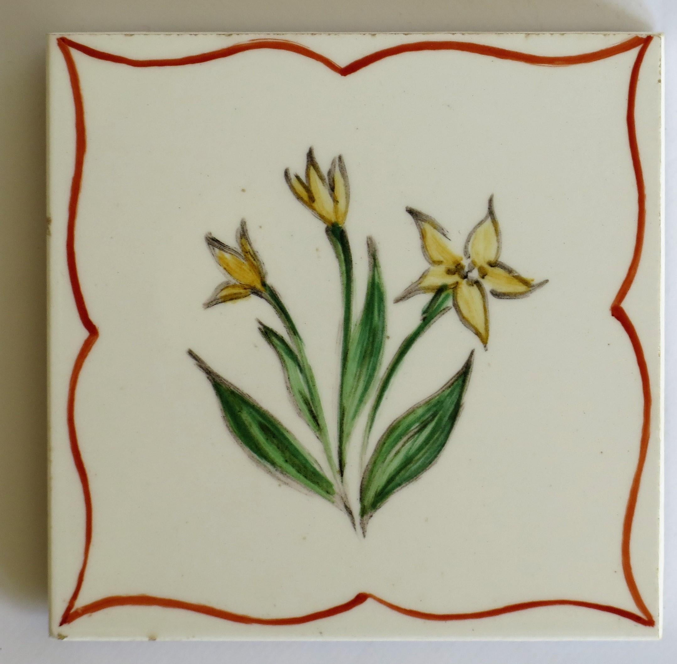 Hand-Painted Set of Six Hand Painted Flowers Coasters / Tiles in Original Box, Denmark 1940s