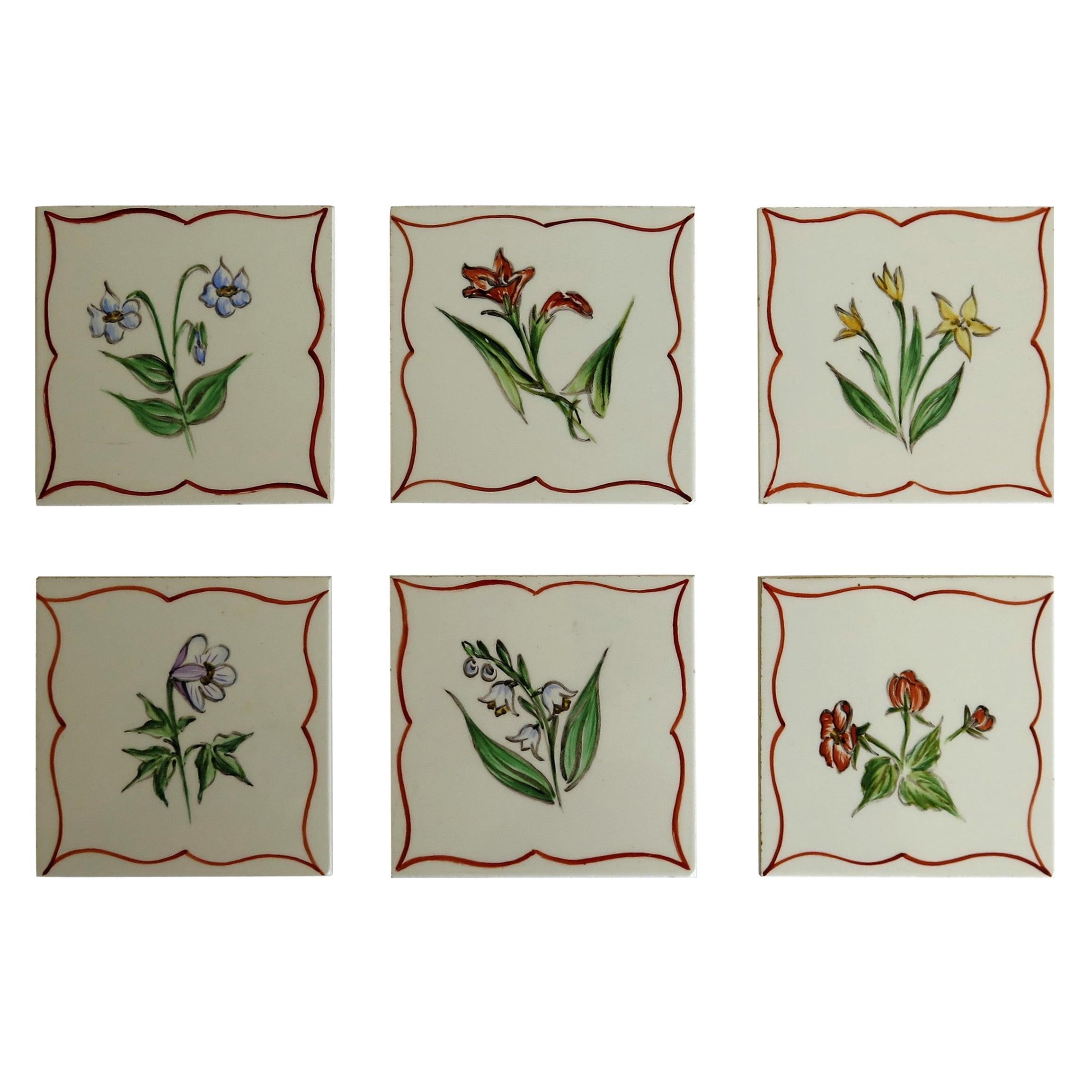Set of Six Hand Painted Flowers Coasters / Tiles in Original Box, Denmark 1940s