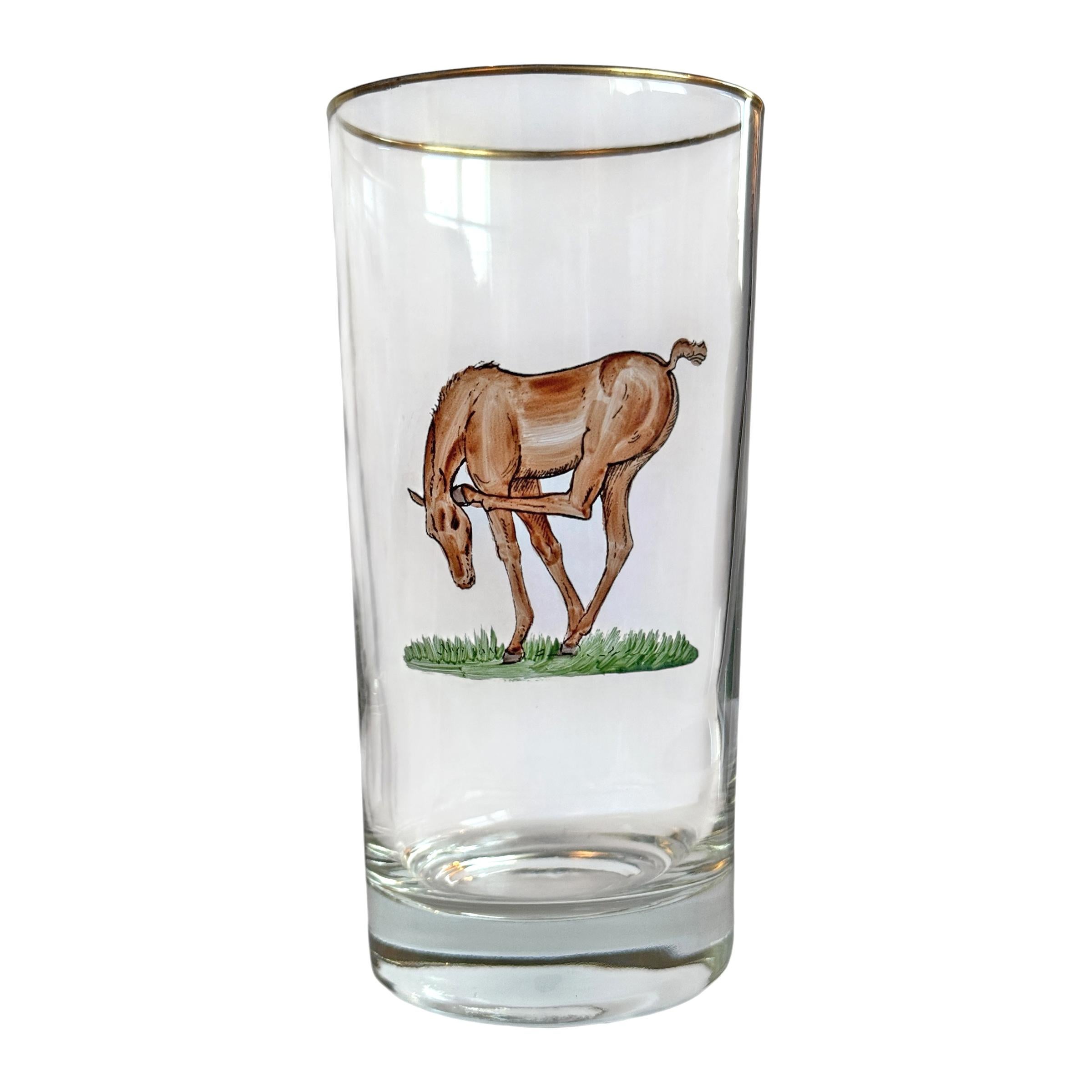 Metà XX secolo Set di sei bicchieri Highball per cavalli dipinti a mano in vendita