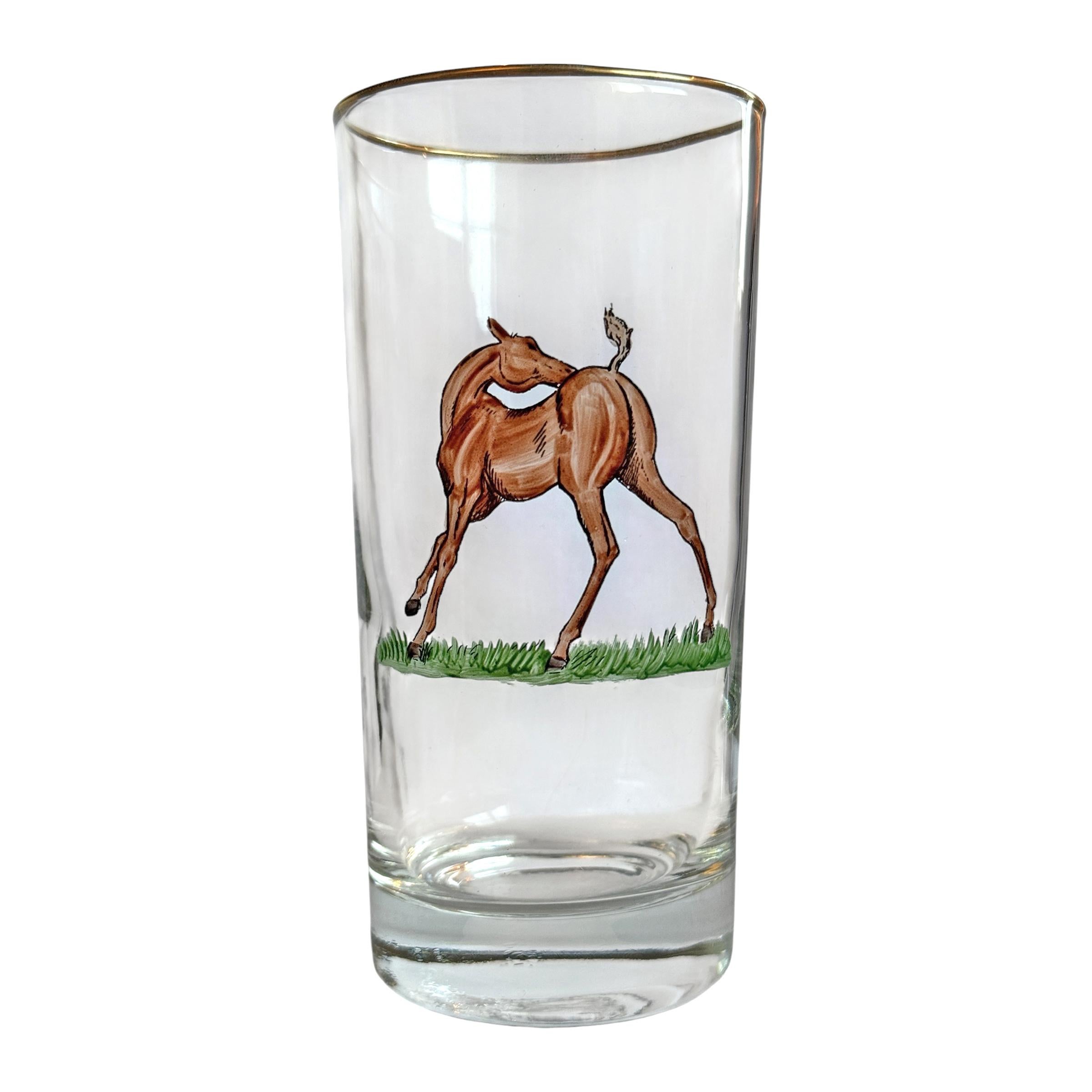 Vetro Set di sei bicchieri Highball per cavalli dipinti a mano in vendita