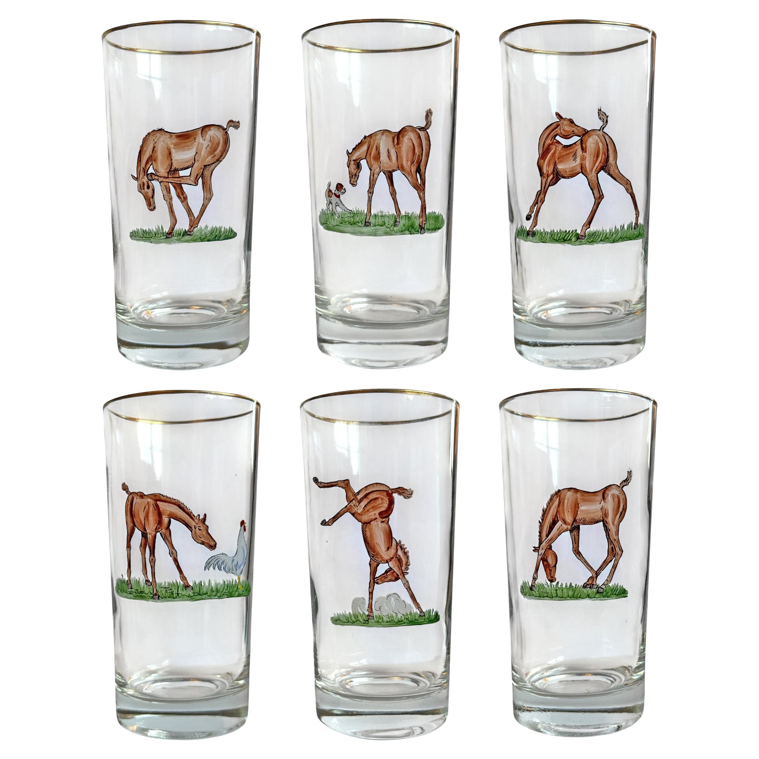 Juego de seis vasos altos de caballo pintados a mano