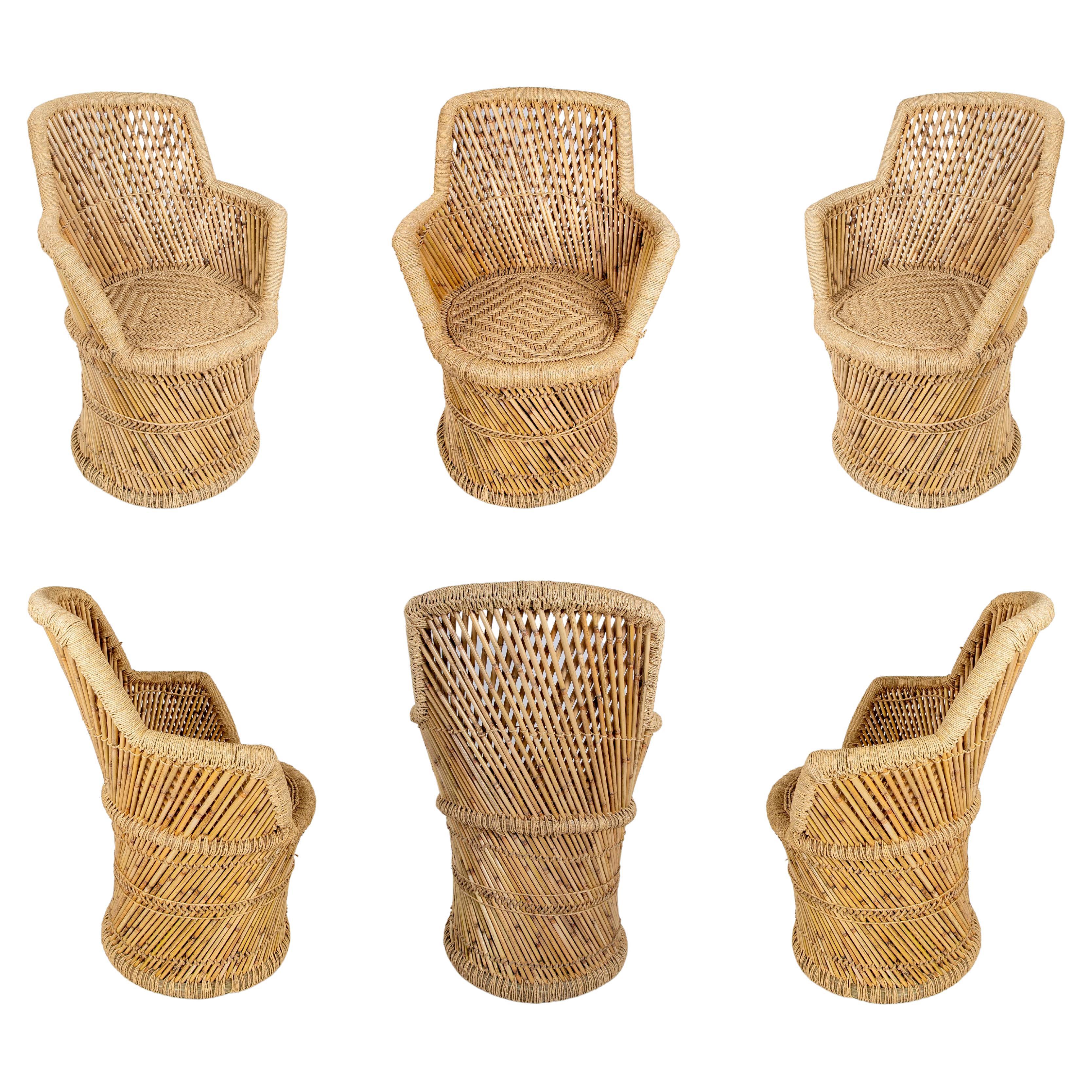 Set of Six Hand-Stitched Bamboo and Rope Armchairs