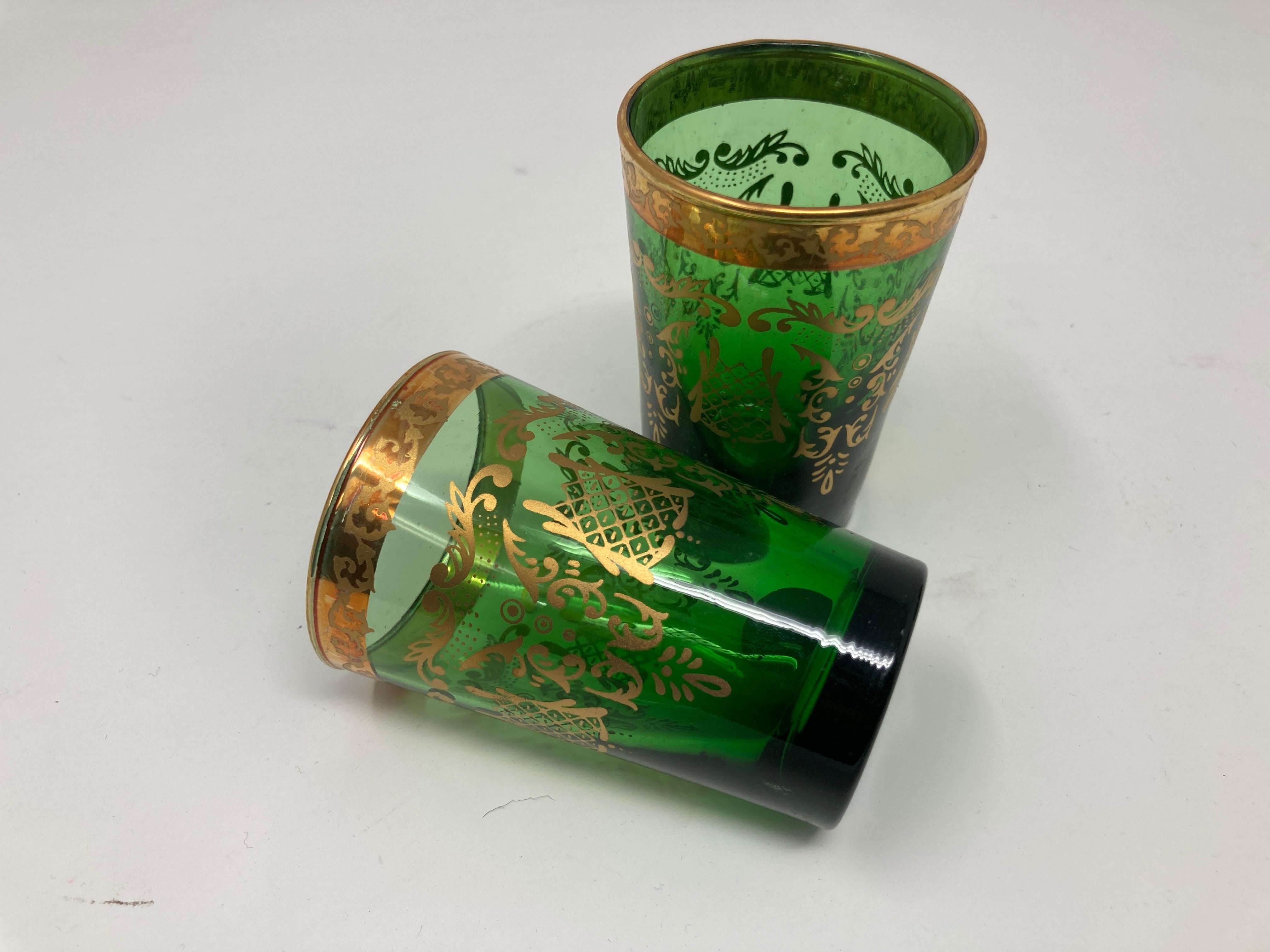 Set of Six Handblown Moorish Green and Gold Tea Glasses For Sale 4