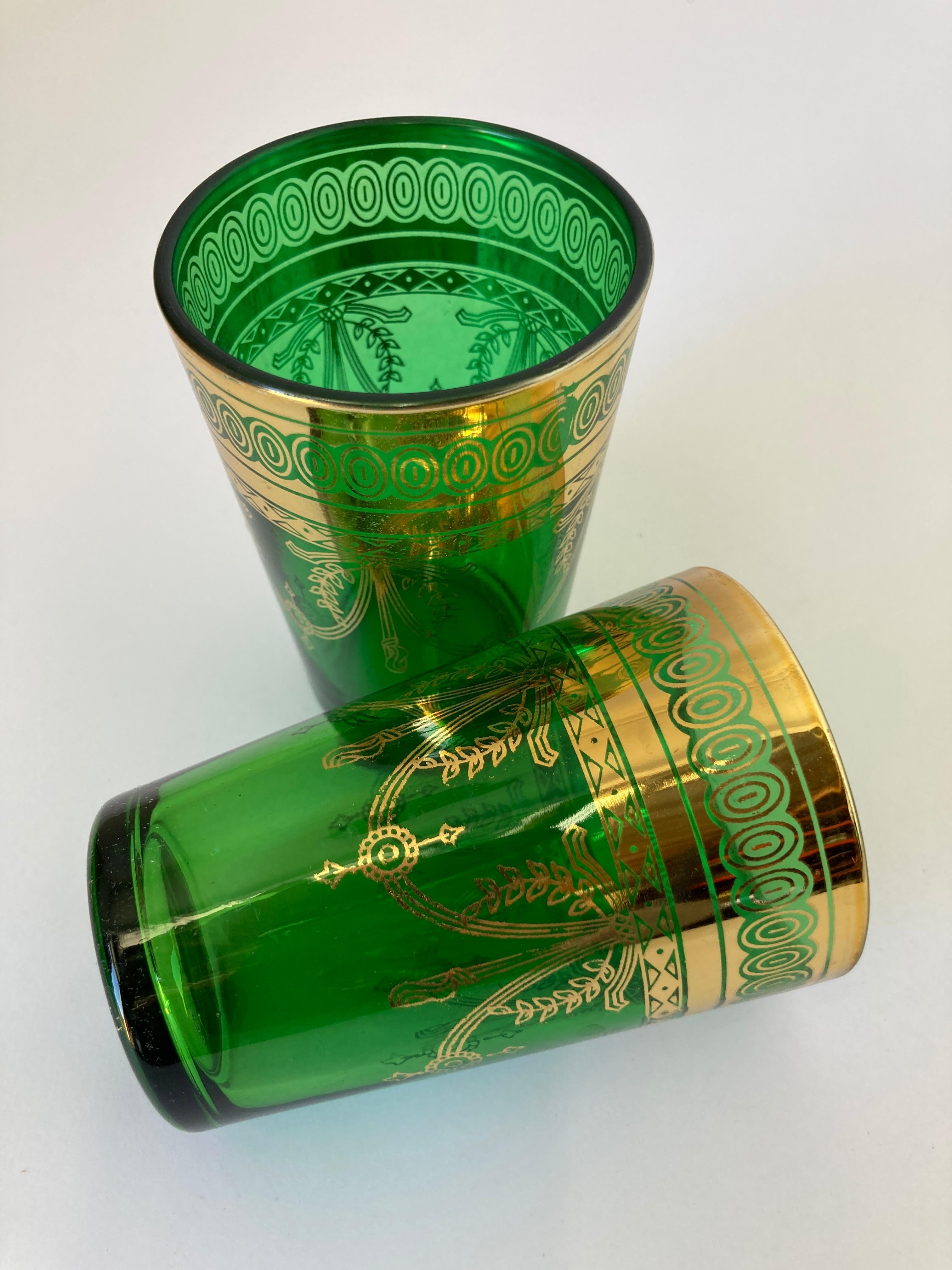 Set of Six Handblown Moroccan Moorish Green and Gold Glasses For Sale 4