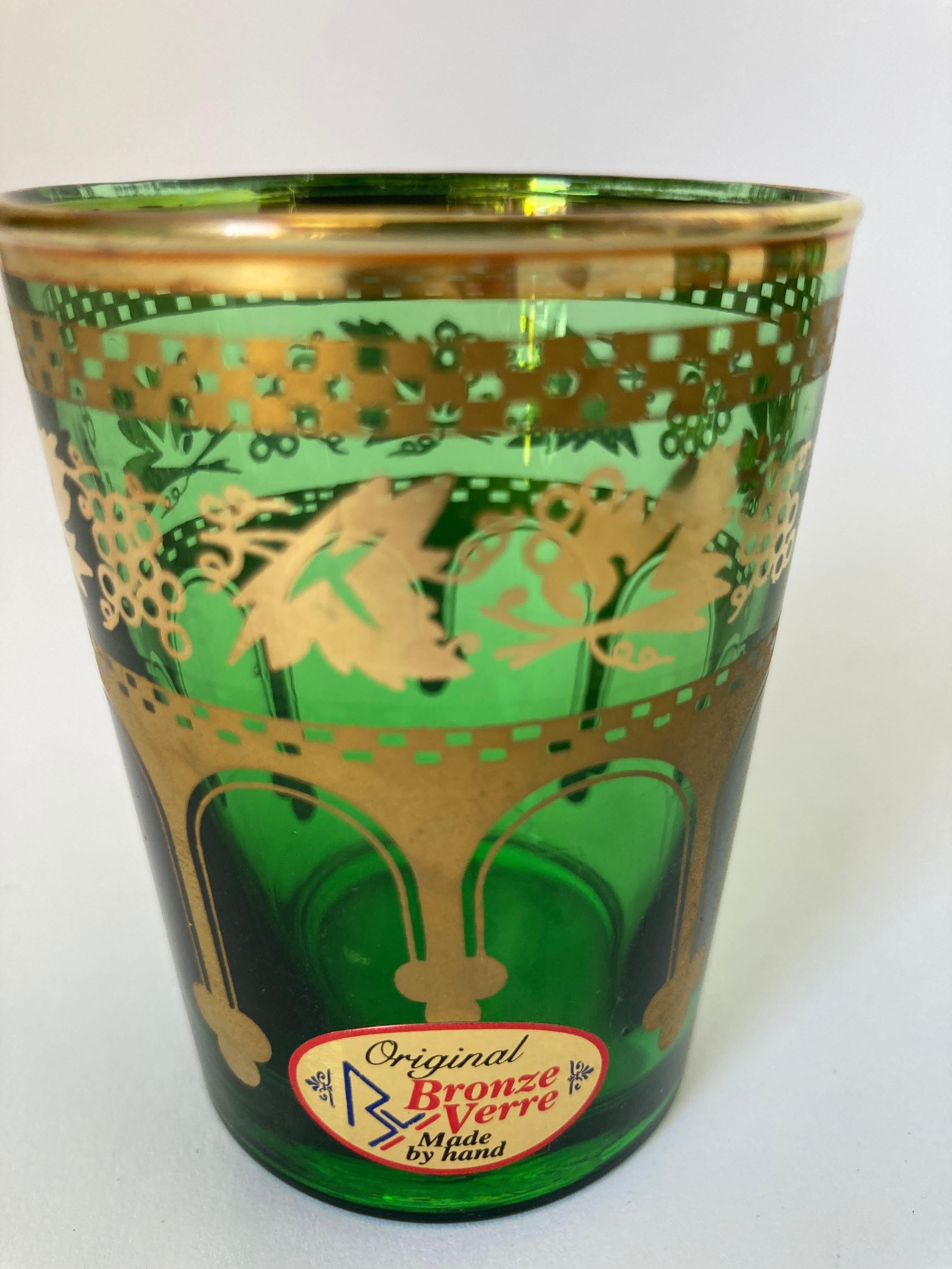 Set of Six Handblown Moroccan Green and Gold Glasses For Sale 4