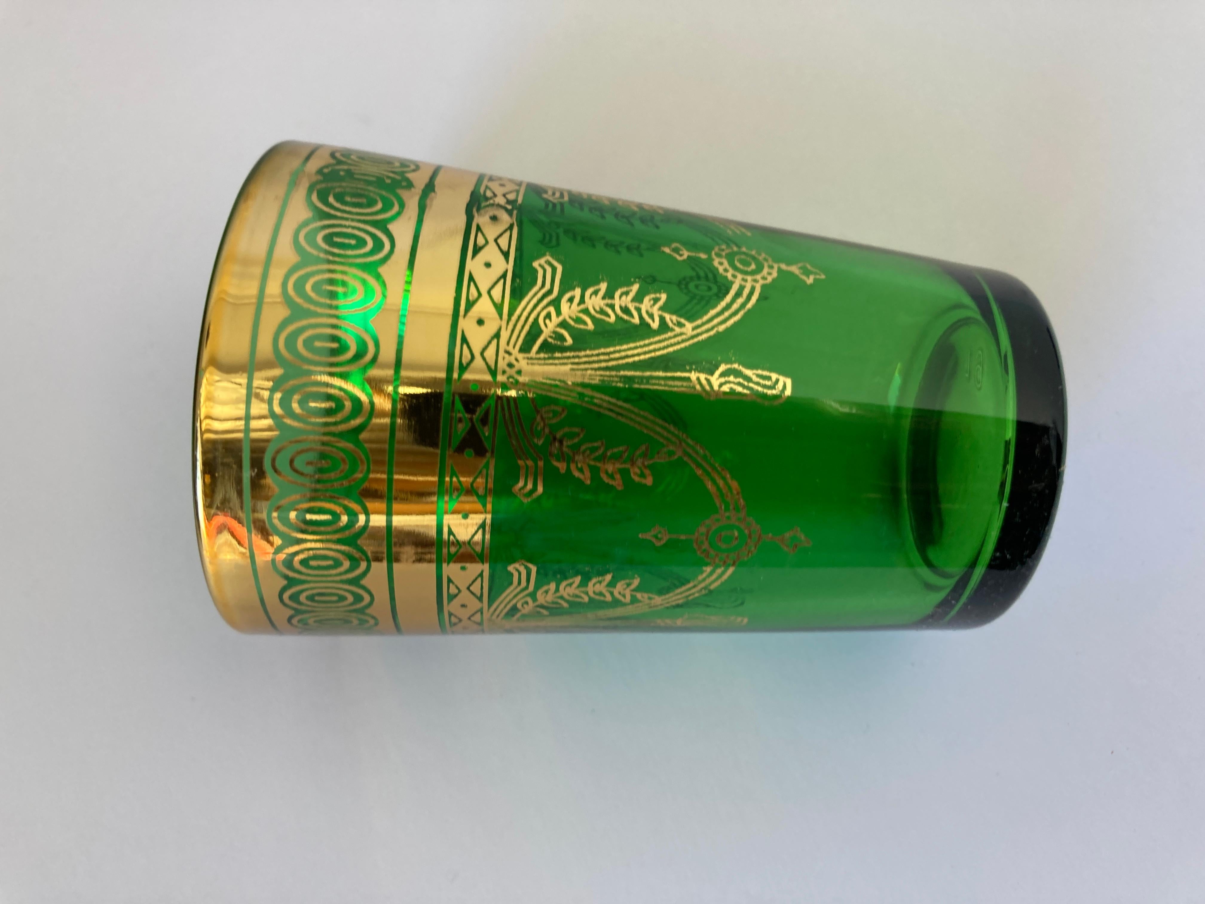 Set of Six Handblown Moroccan Moorish Green and Gold Glasses For Sale 5
