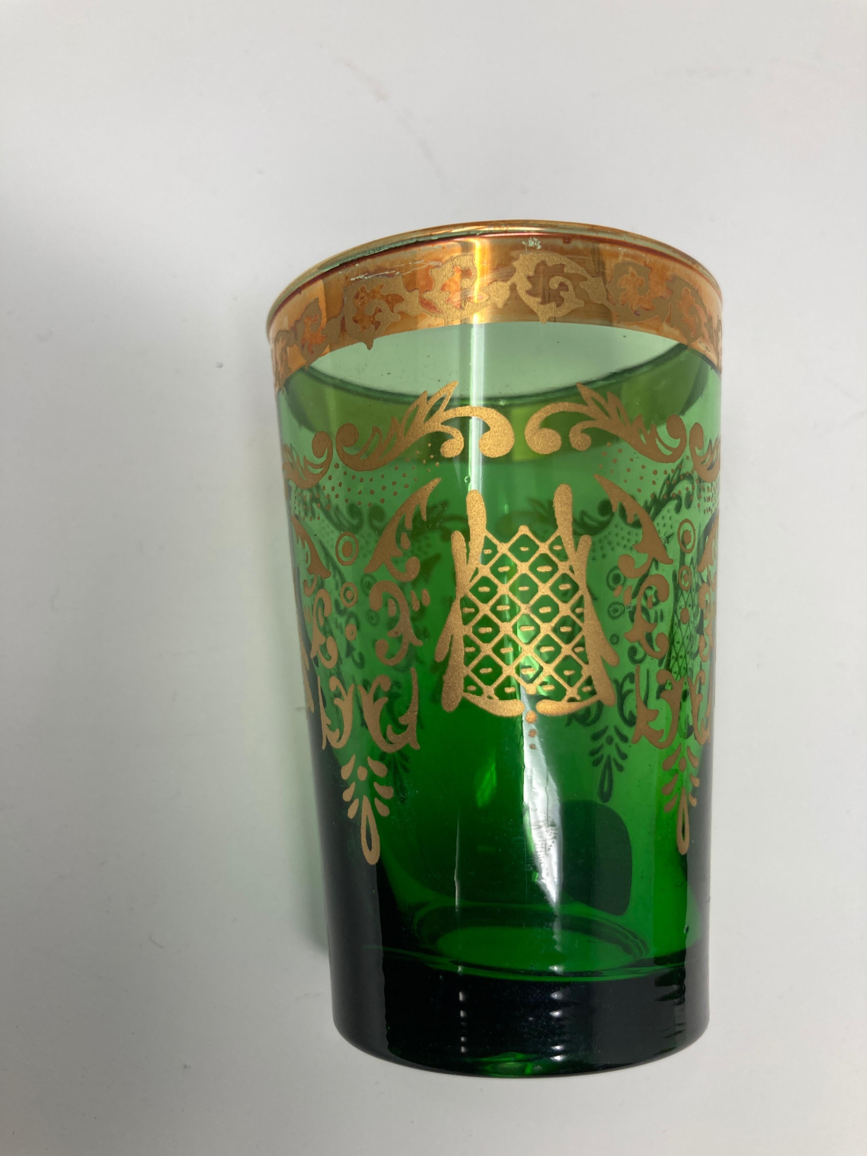 Set of Six Handblown Moorish Green and Gold Tea Glasses For Sale 6