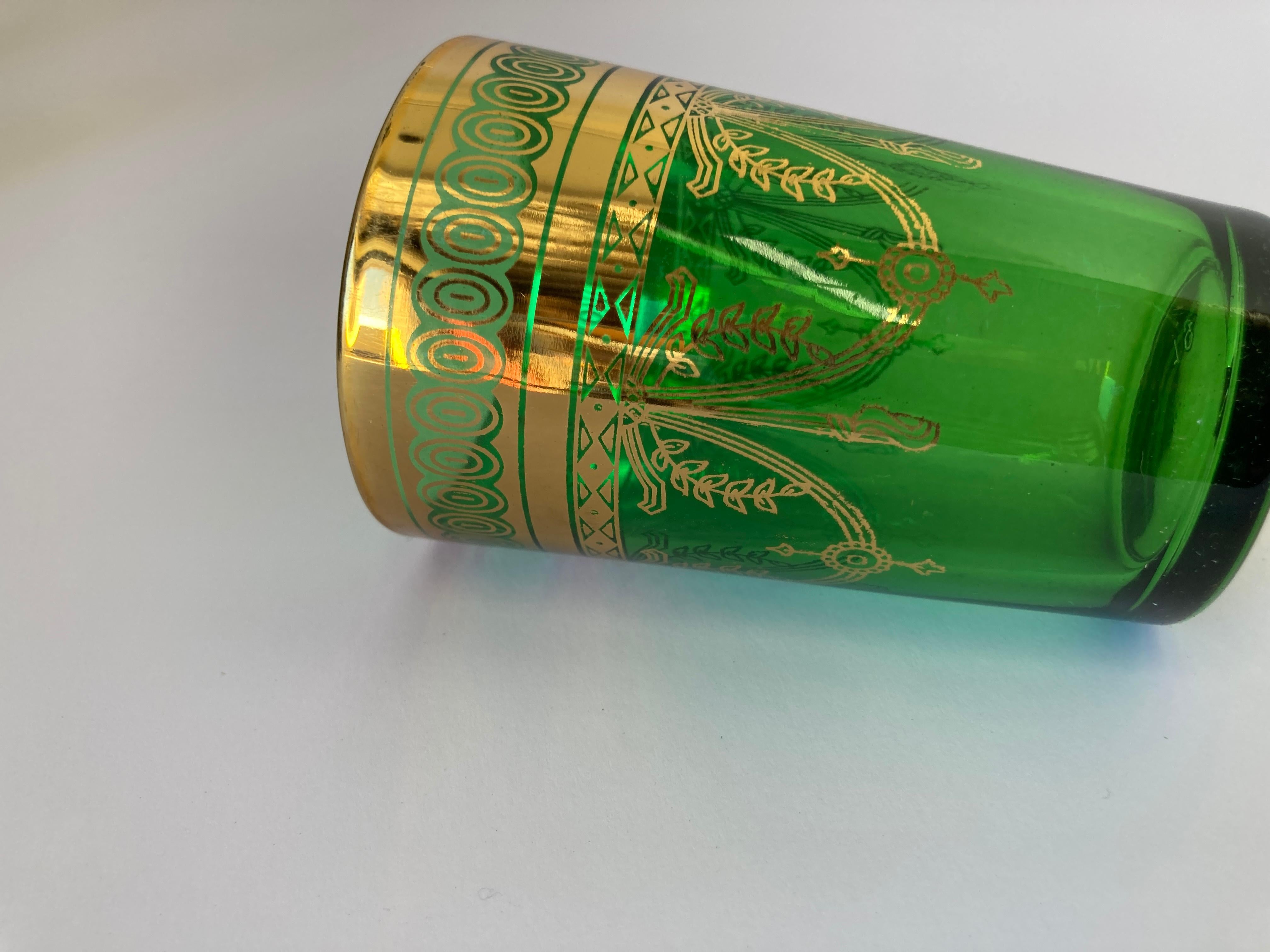Set of Six Handblown Moroccan Moorish Green and Gold Glasses For Sale 6