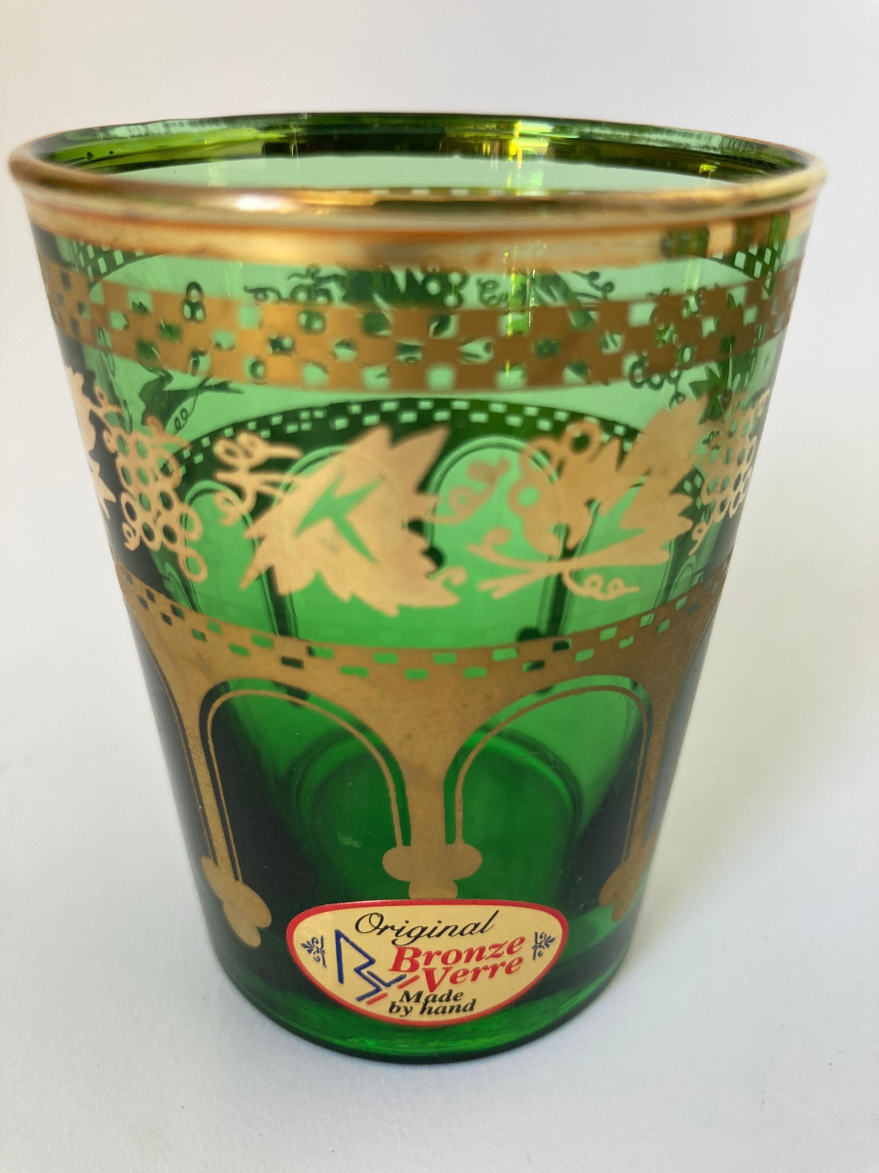 Set of Six Handblown Moroccan Green and Gold Glasses For Sale 6