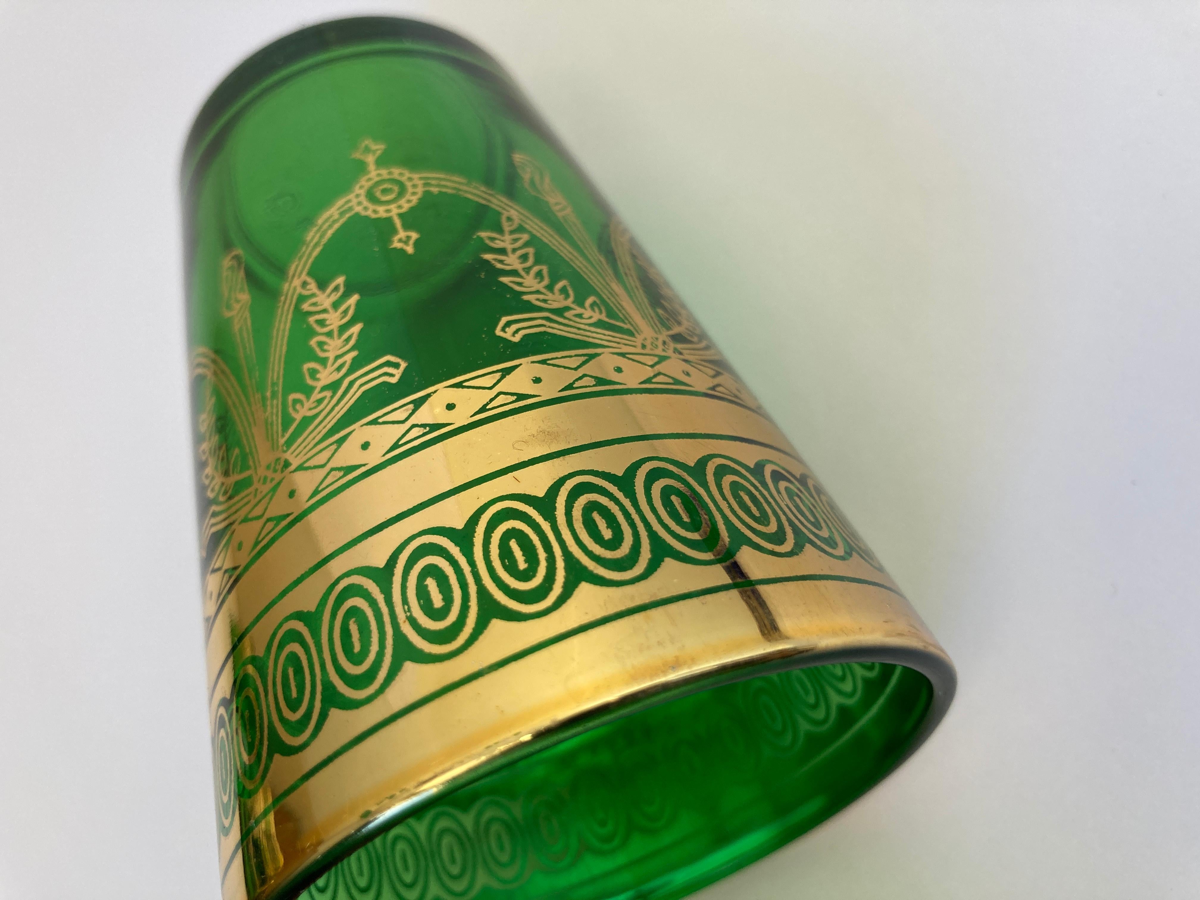 Set of Six Handblown Moroccan Moorish Green and Gold Glasses For Sale 7