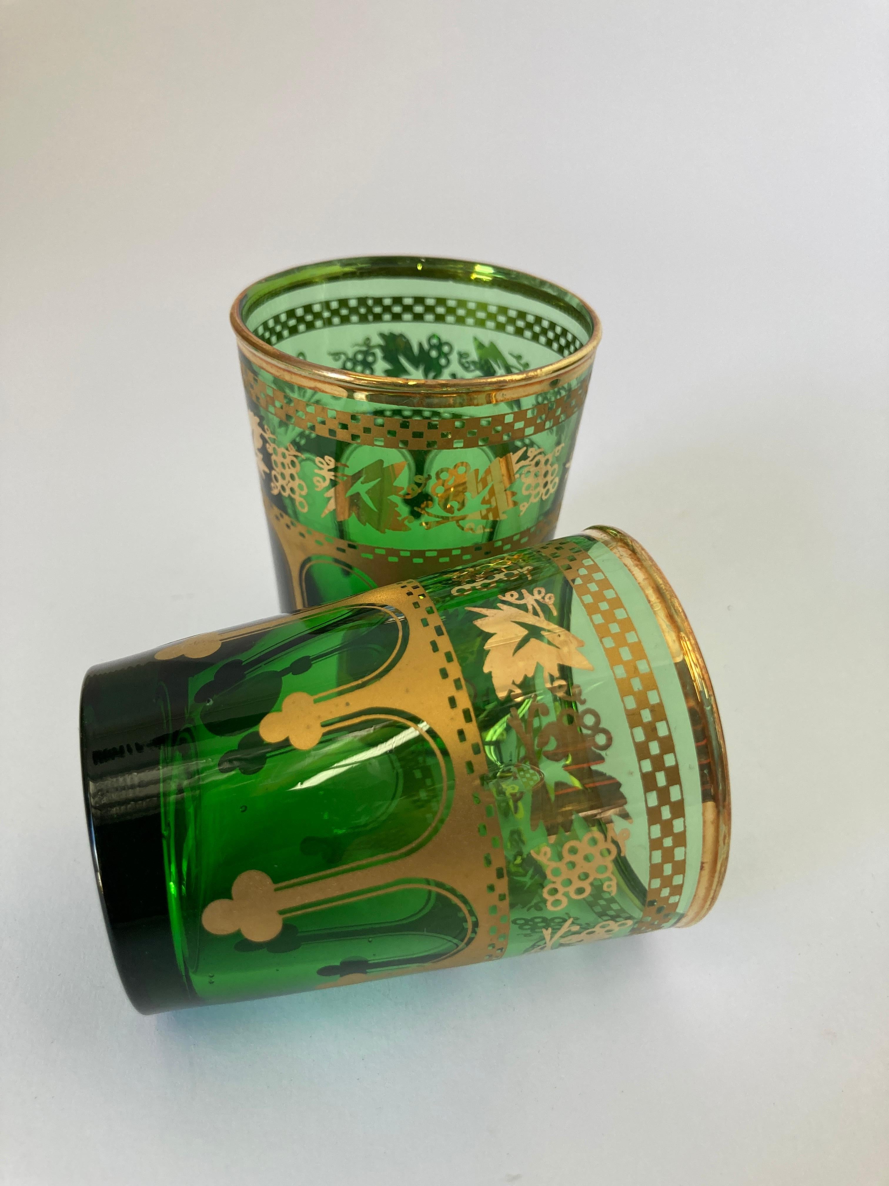 Set of Six Handblown Moroccan Green and Gold Glasses For Sale 7