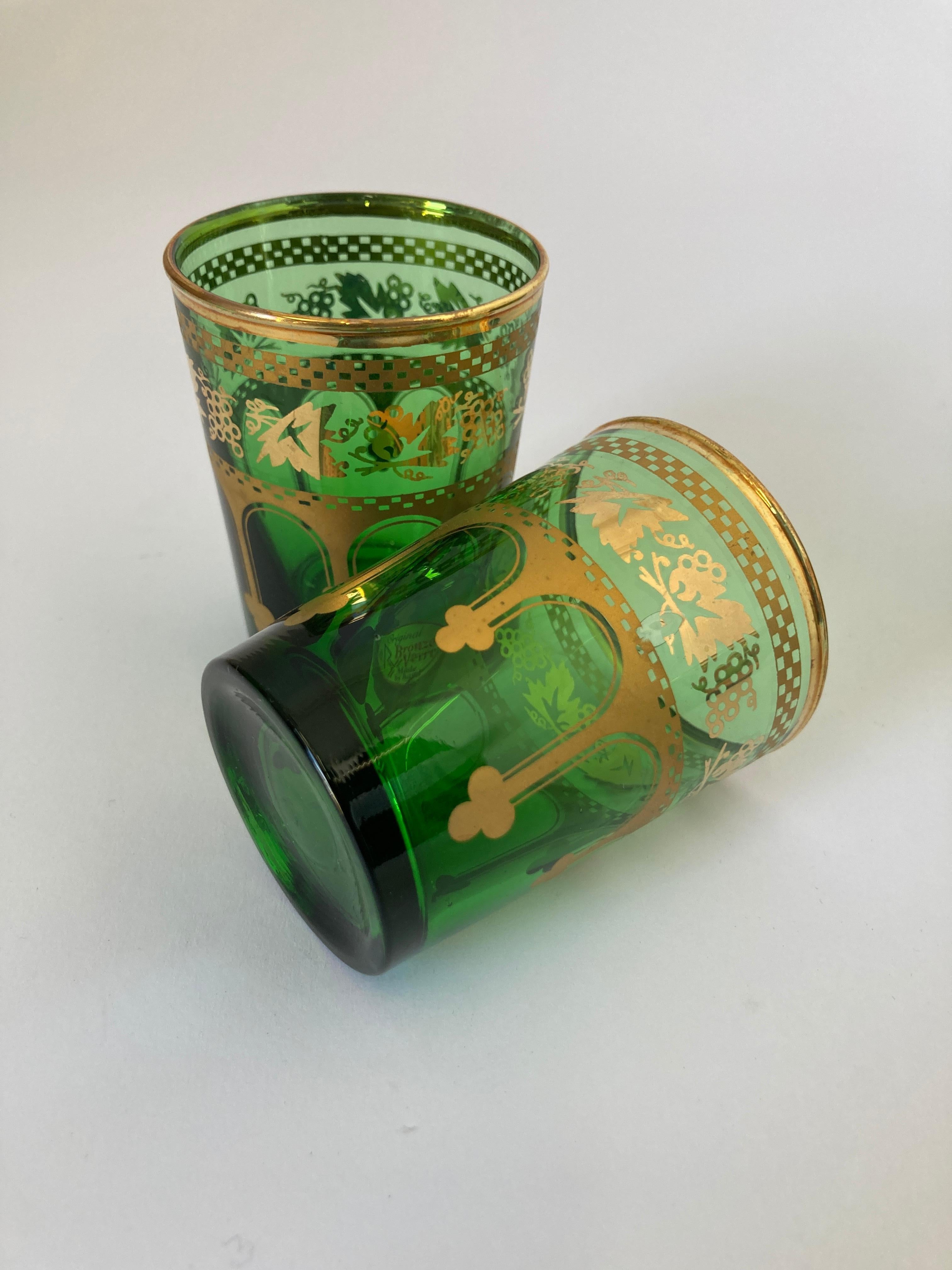 Set of Six Handblown Moroccan Green and Gold Glasses For Sale 8
