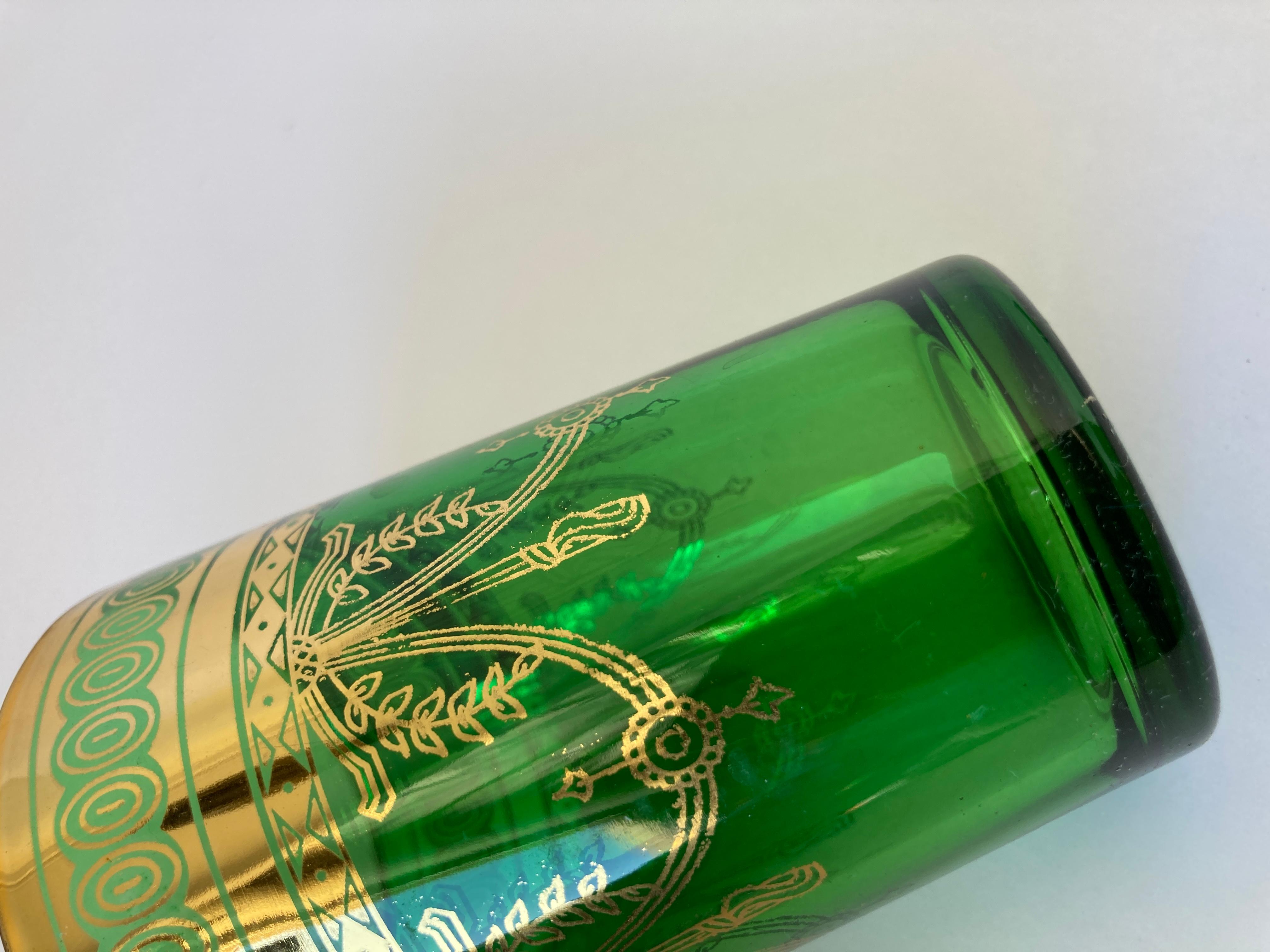 Set of Six Handblown Moroccan Moorish Green and Gold Glasses For Sale 9