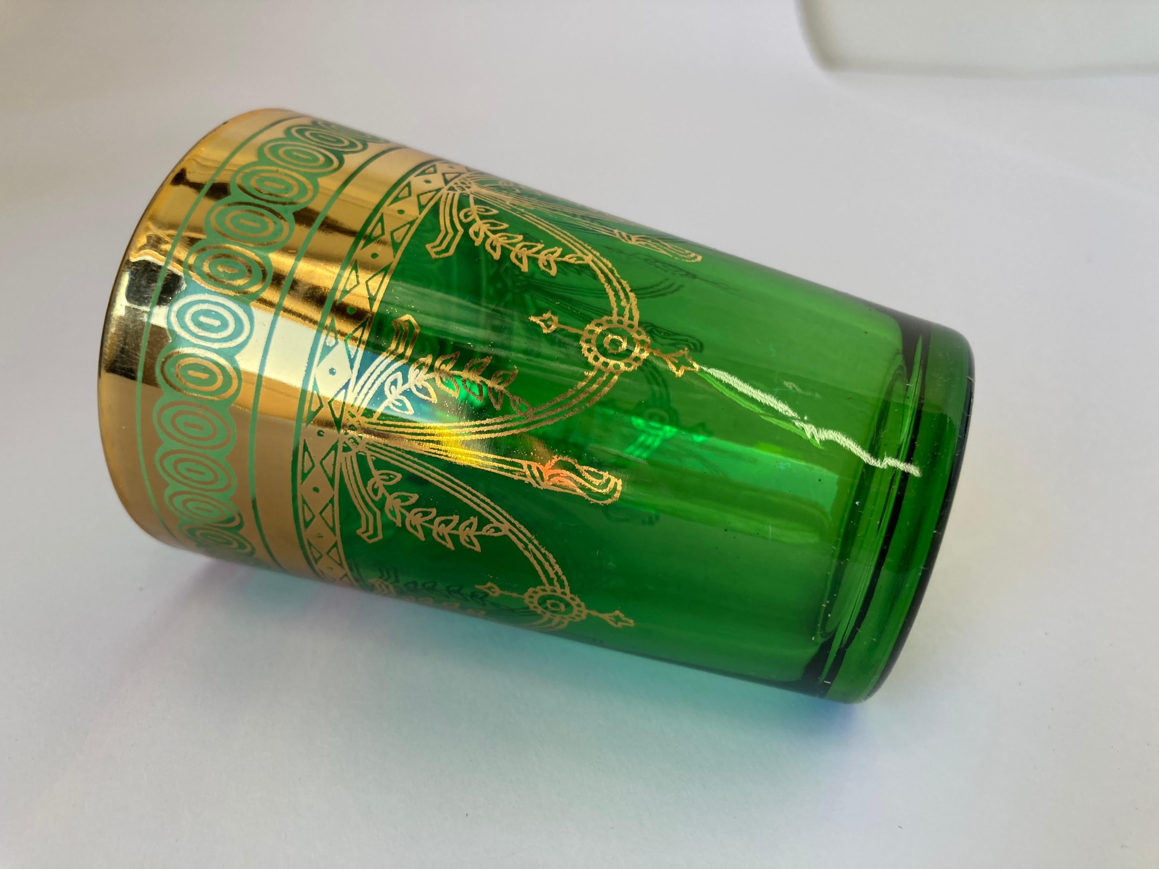 Set of Six Handblown Moroccan Moorish Green and Gold Glasses For Sale 10