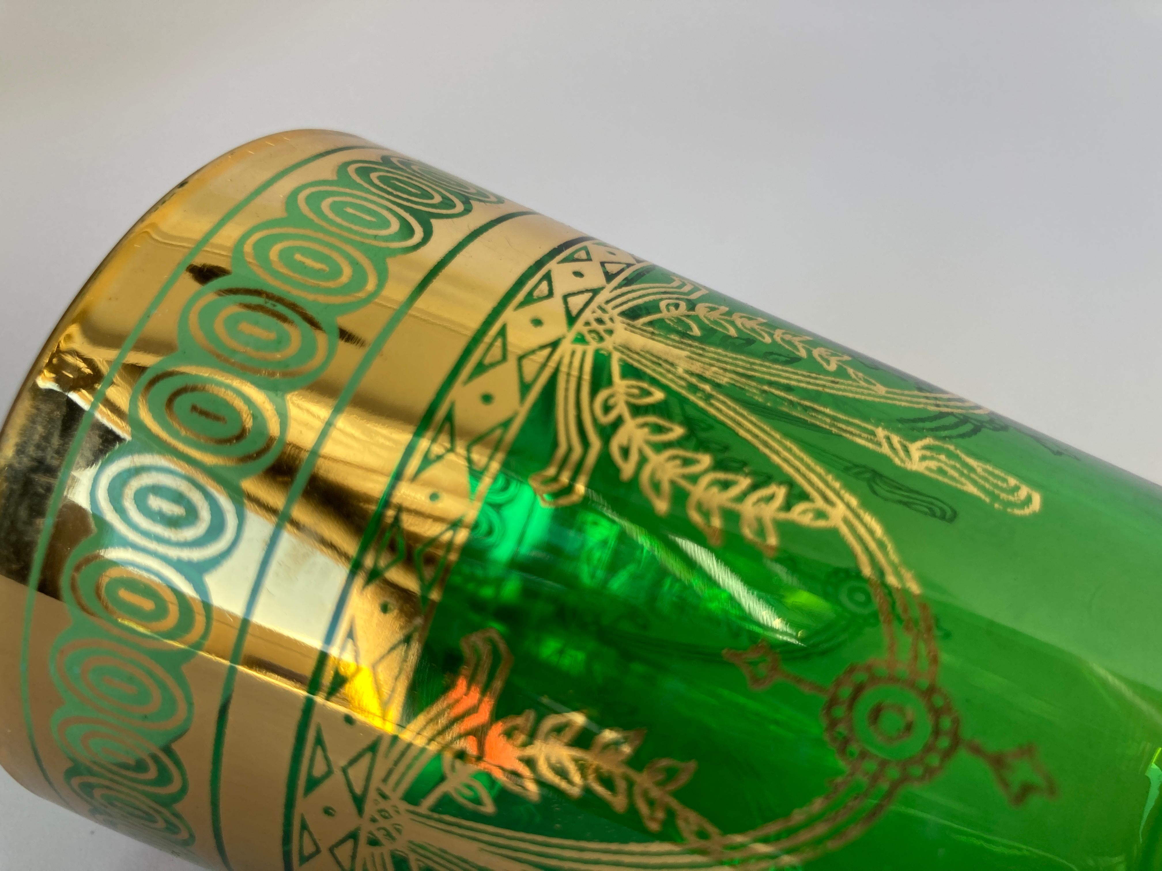 Set of Six Handblown Moroccan Moorish Green and Gold Glasses For Sale 13