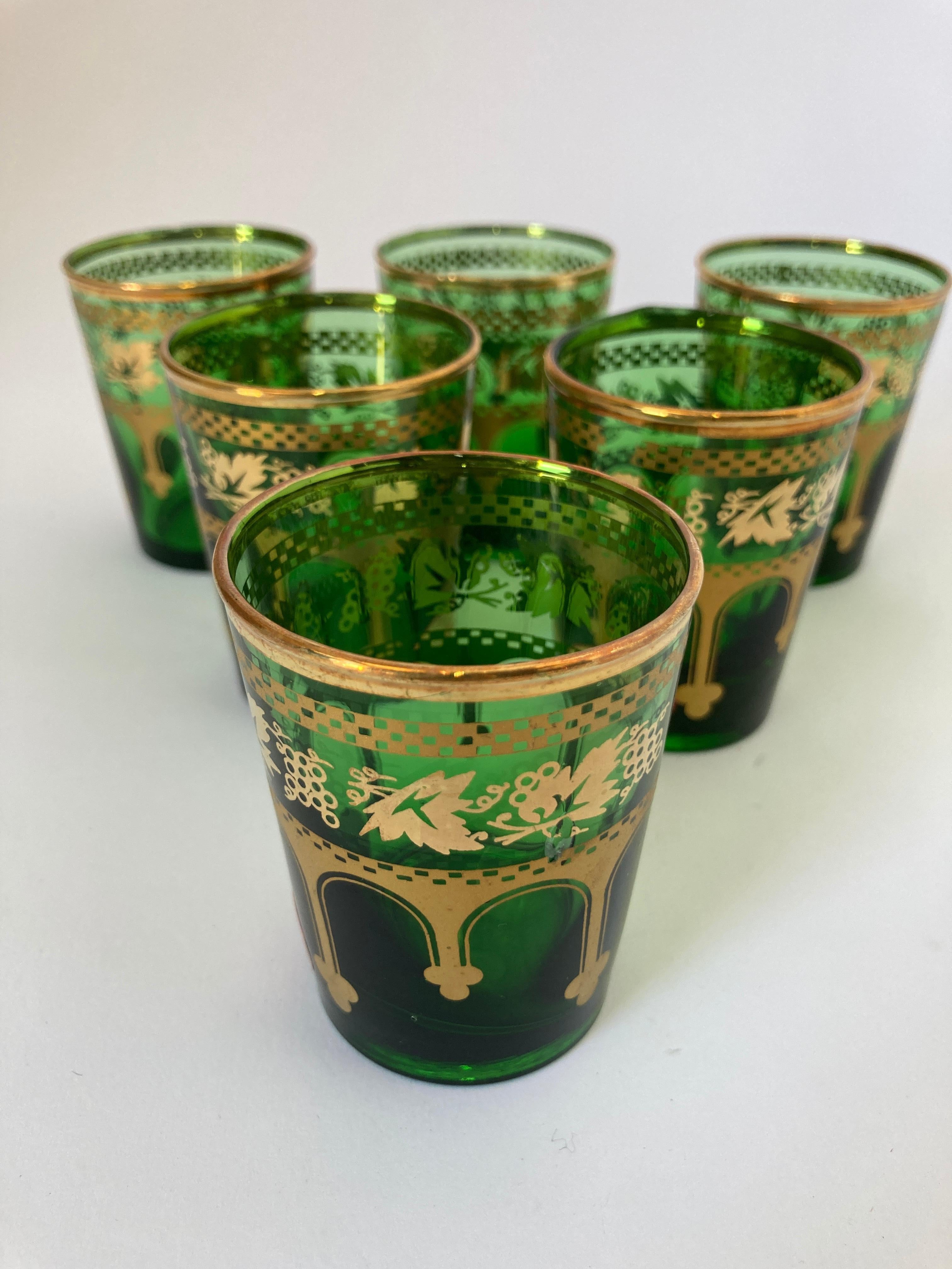 Moorish Set of Six Handblown Moroccan Green and Gold Glasses For Sale