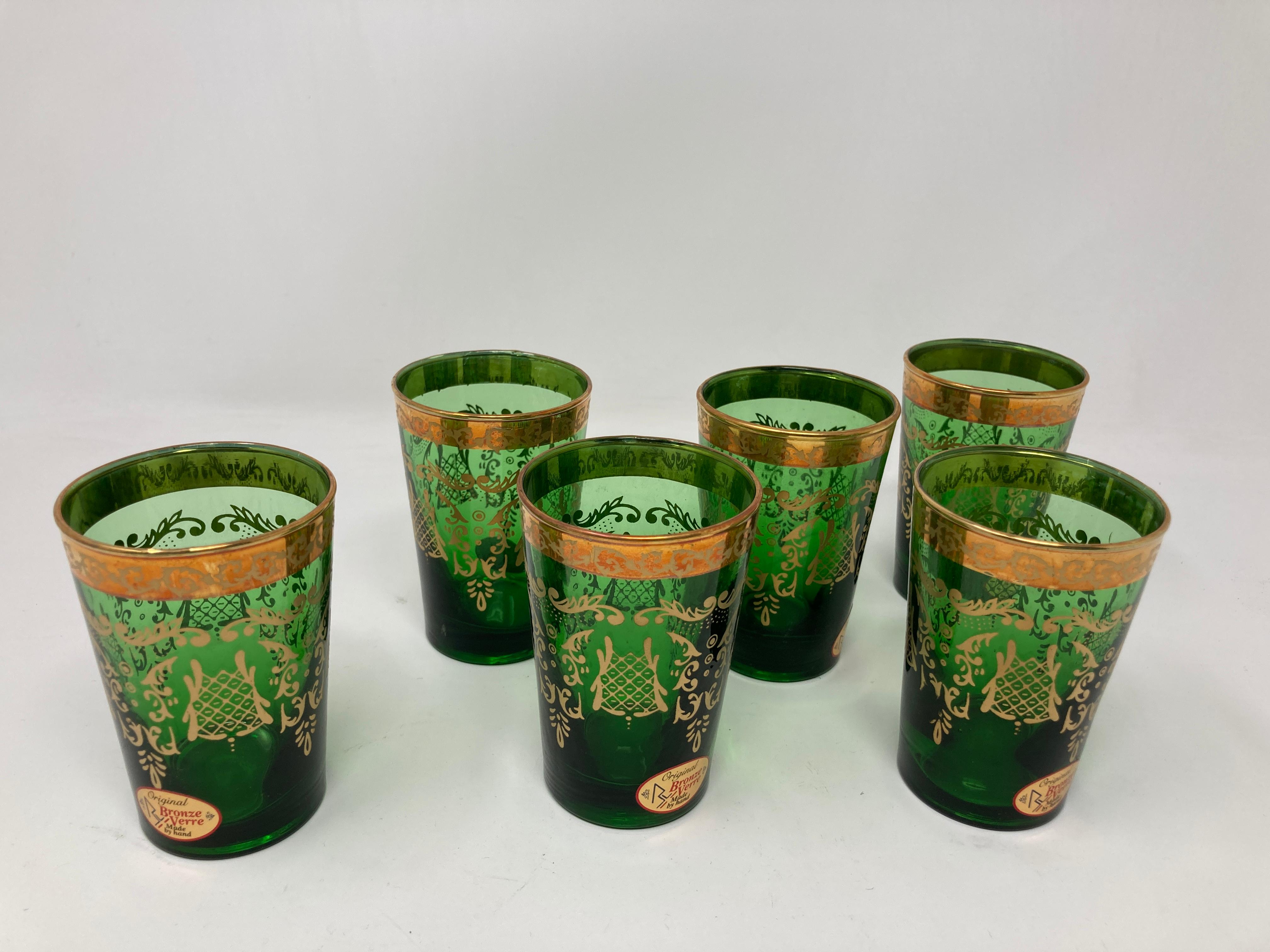 Italian Set of Six Handblown Moorish Green and Gold Tea Glasses For Sale