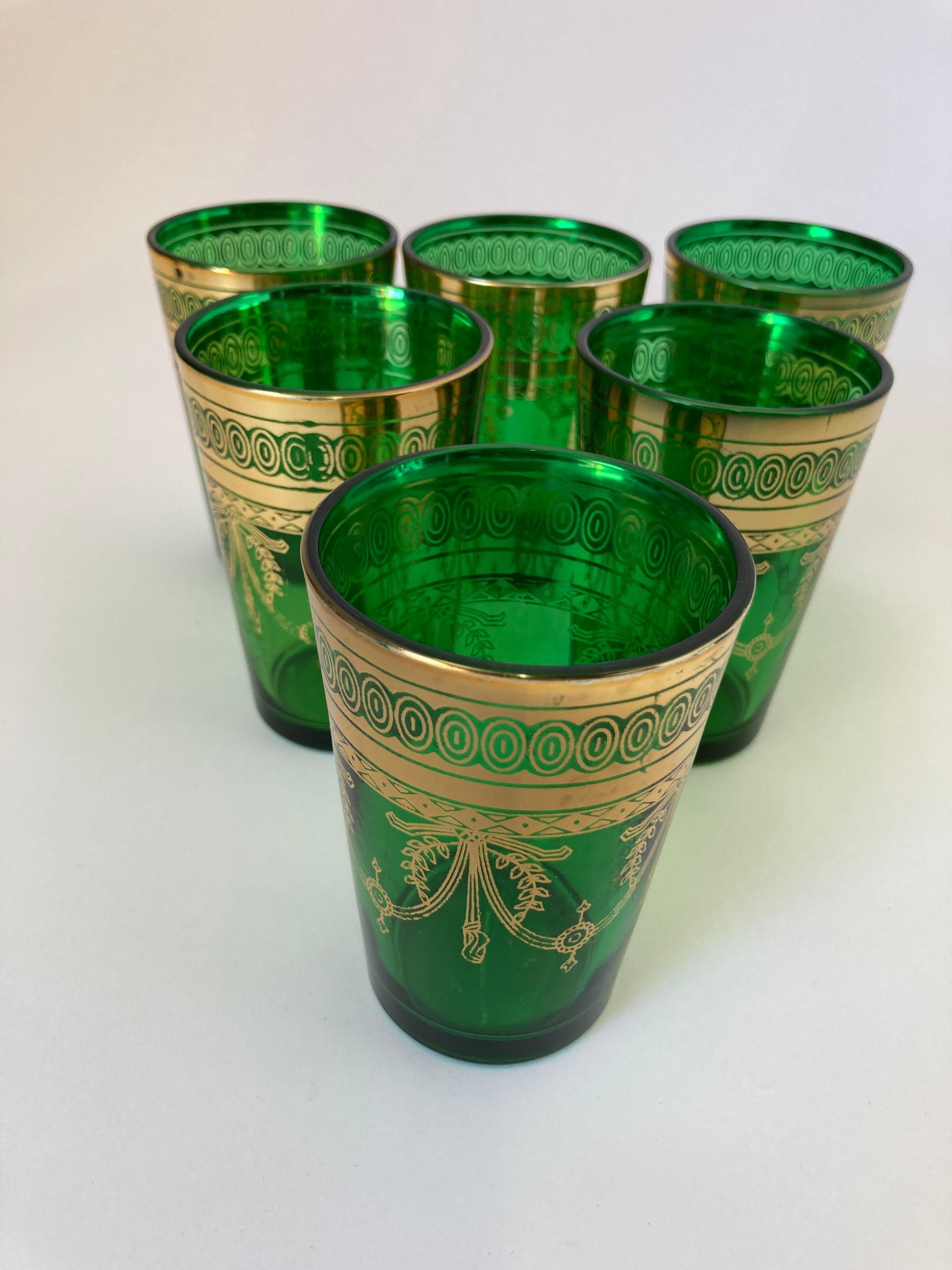 Italian Set of Six Handblown Moroccan Moorish Green and Gold Glasses For Sale