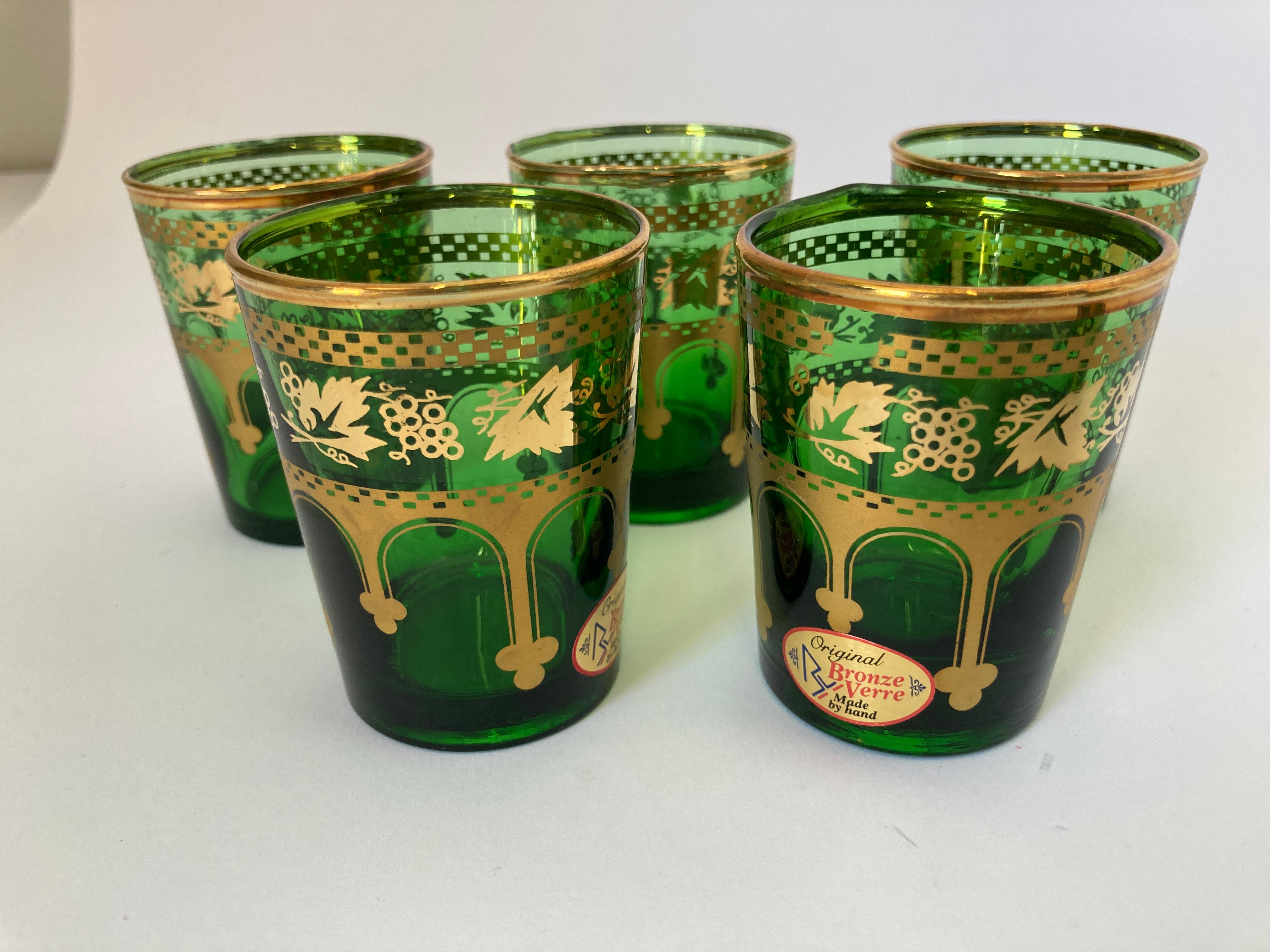 Italian Set of Six Handblown Moroccan Green and Gold Glasses For Sale