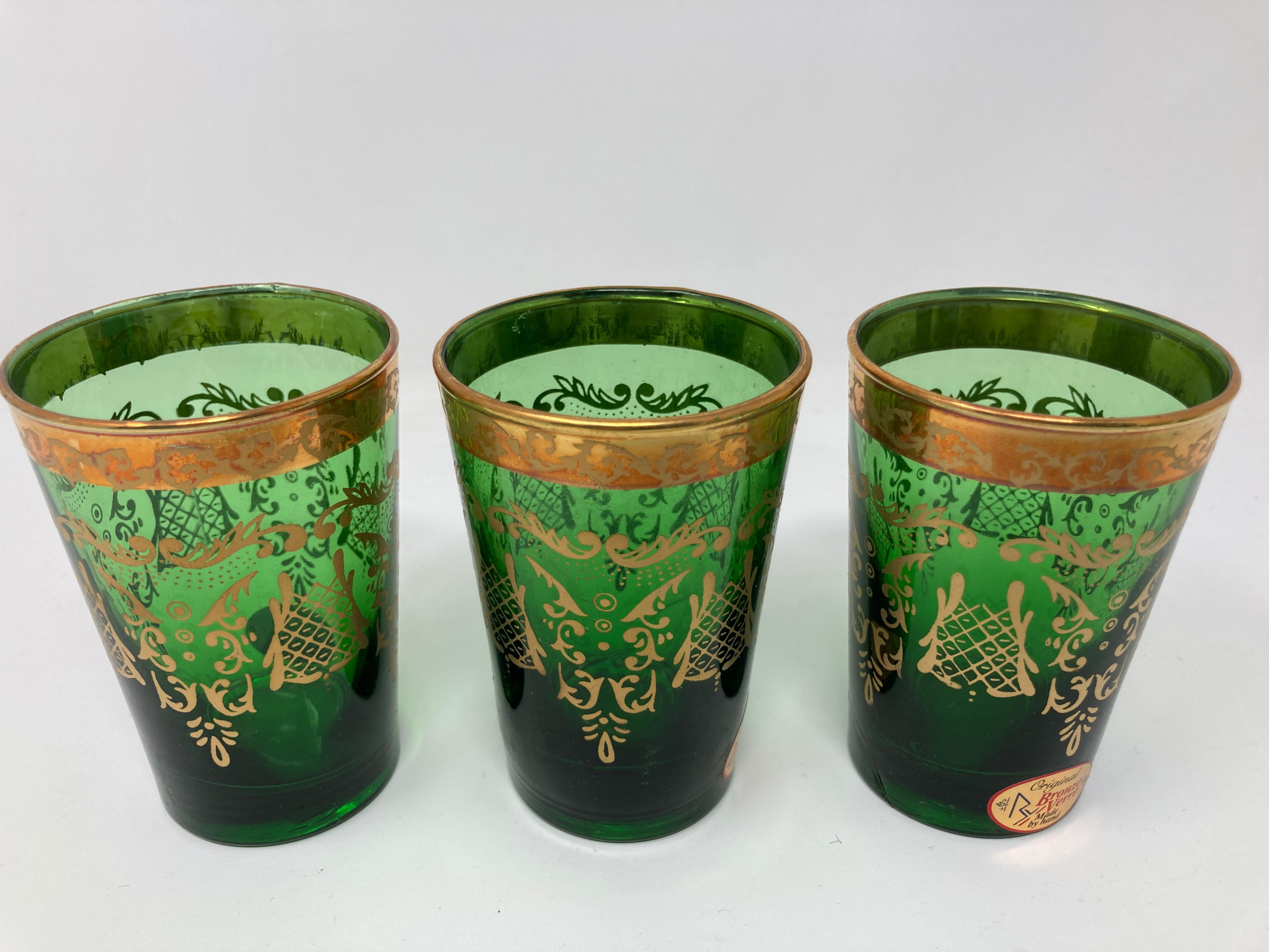 20th Century Set of Six Handblown Moorish Green and Gold Tea Glasses For Sale