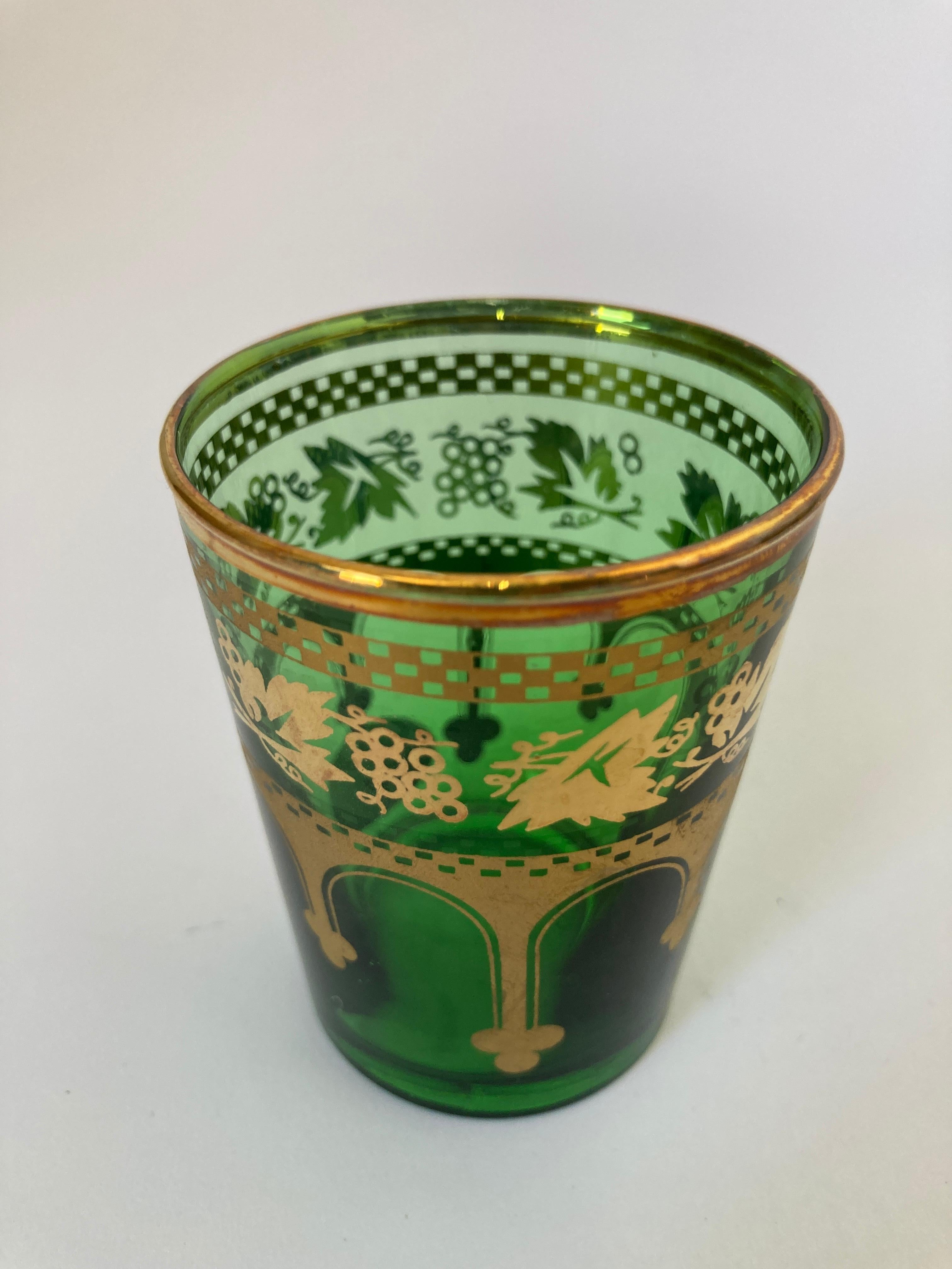 20th Century Set of Six Handblown Moroccan Green and Gold Glasses For Sale