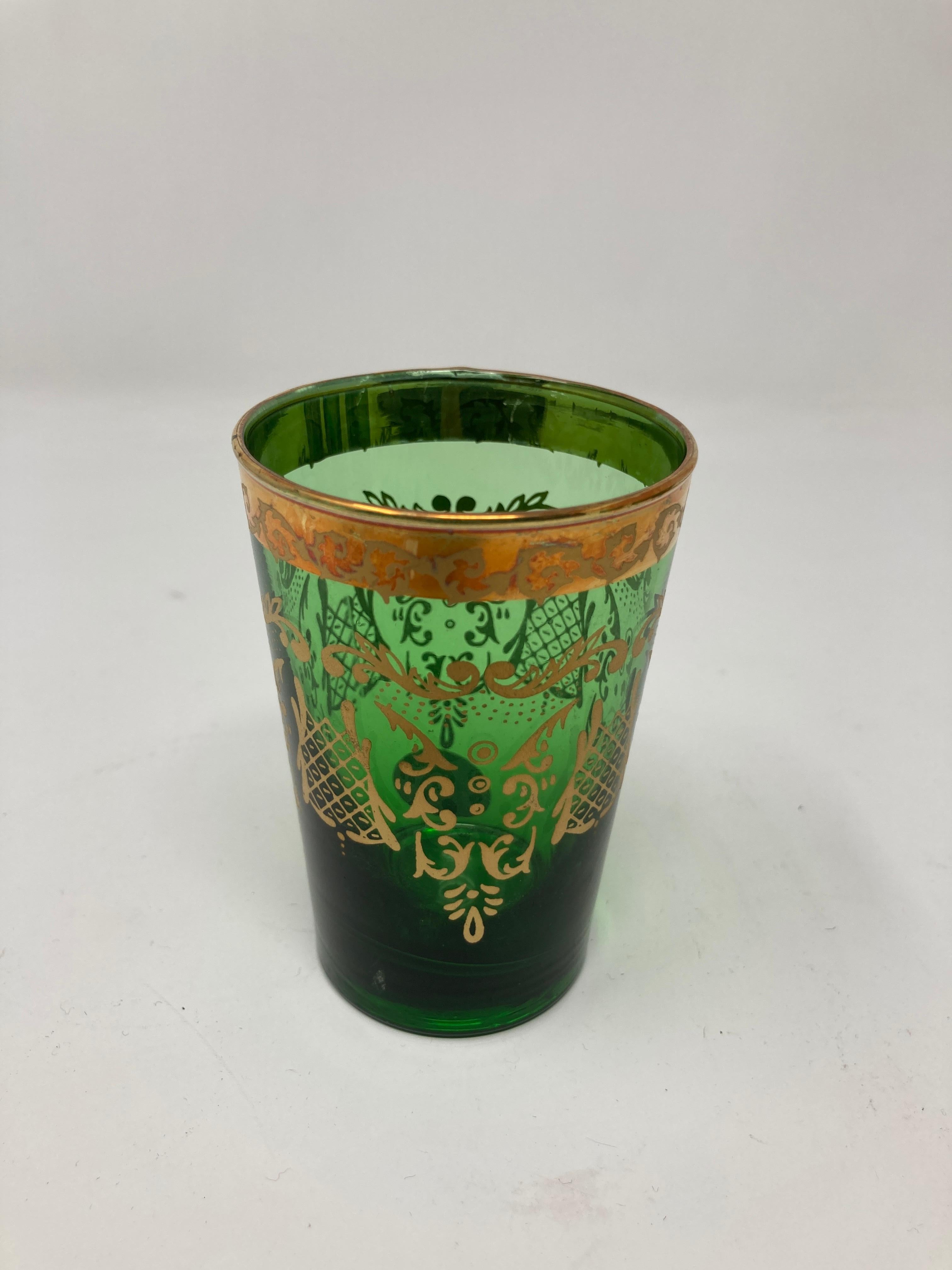 Set of Six Handblown Moorish Green and Gold Tea Glasses For Sale 1