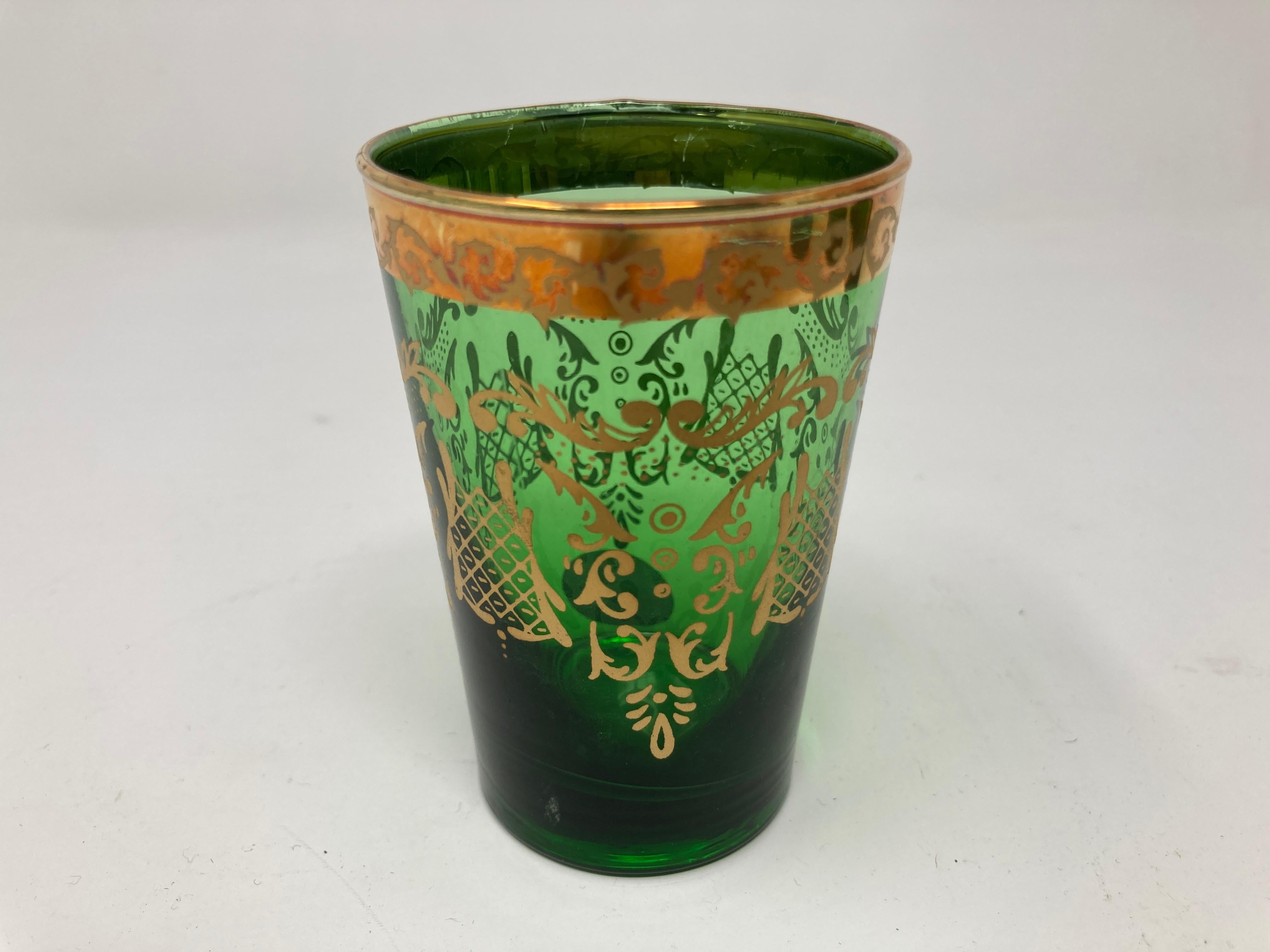 Set of Six Handblown Moorish Green and Gold Tea Glasses For Sale 2