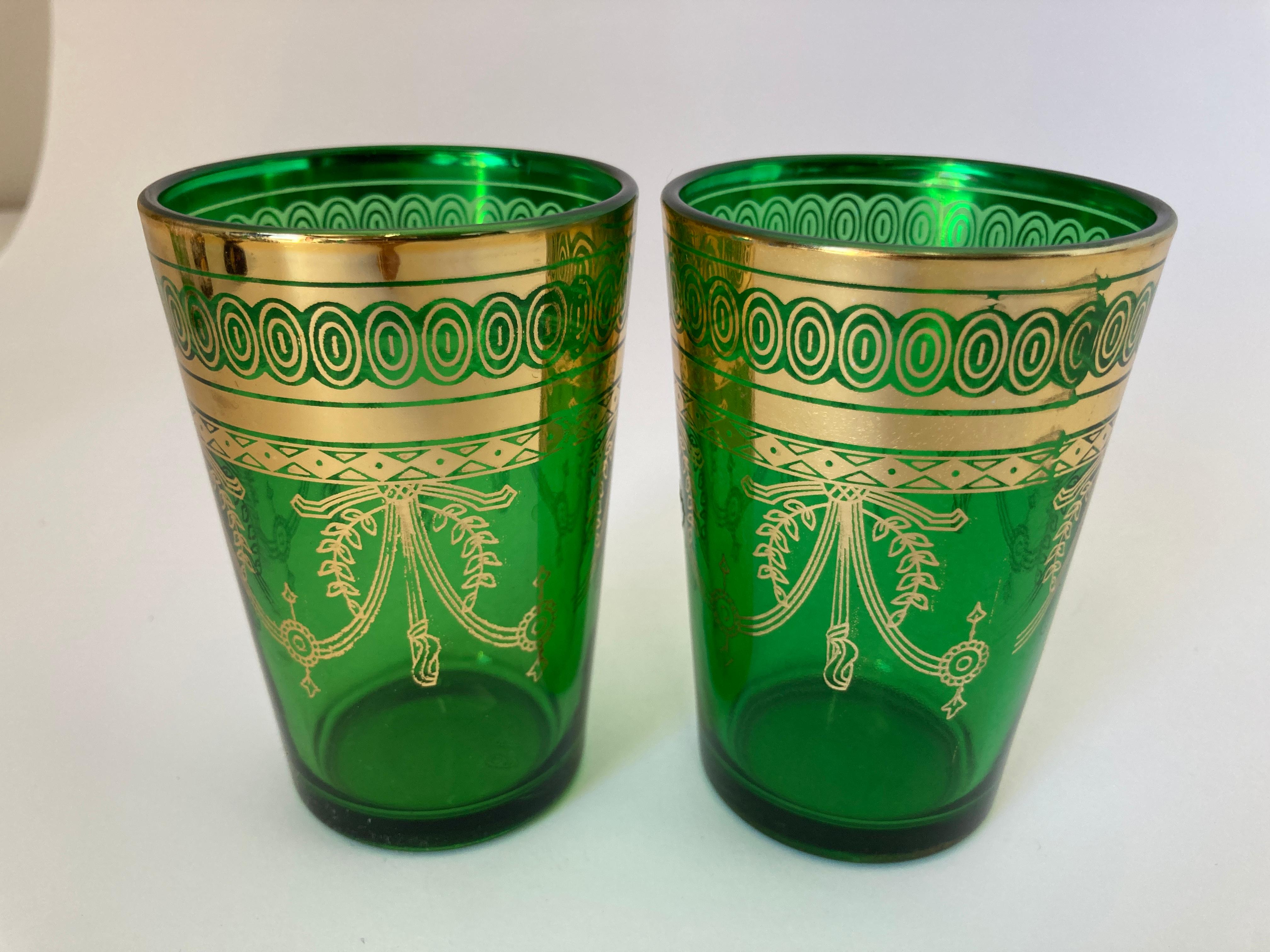 Set of Six Handblown Moroccan Moorish Green and Gold Glasses For Sale 2