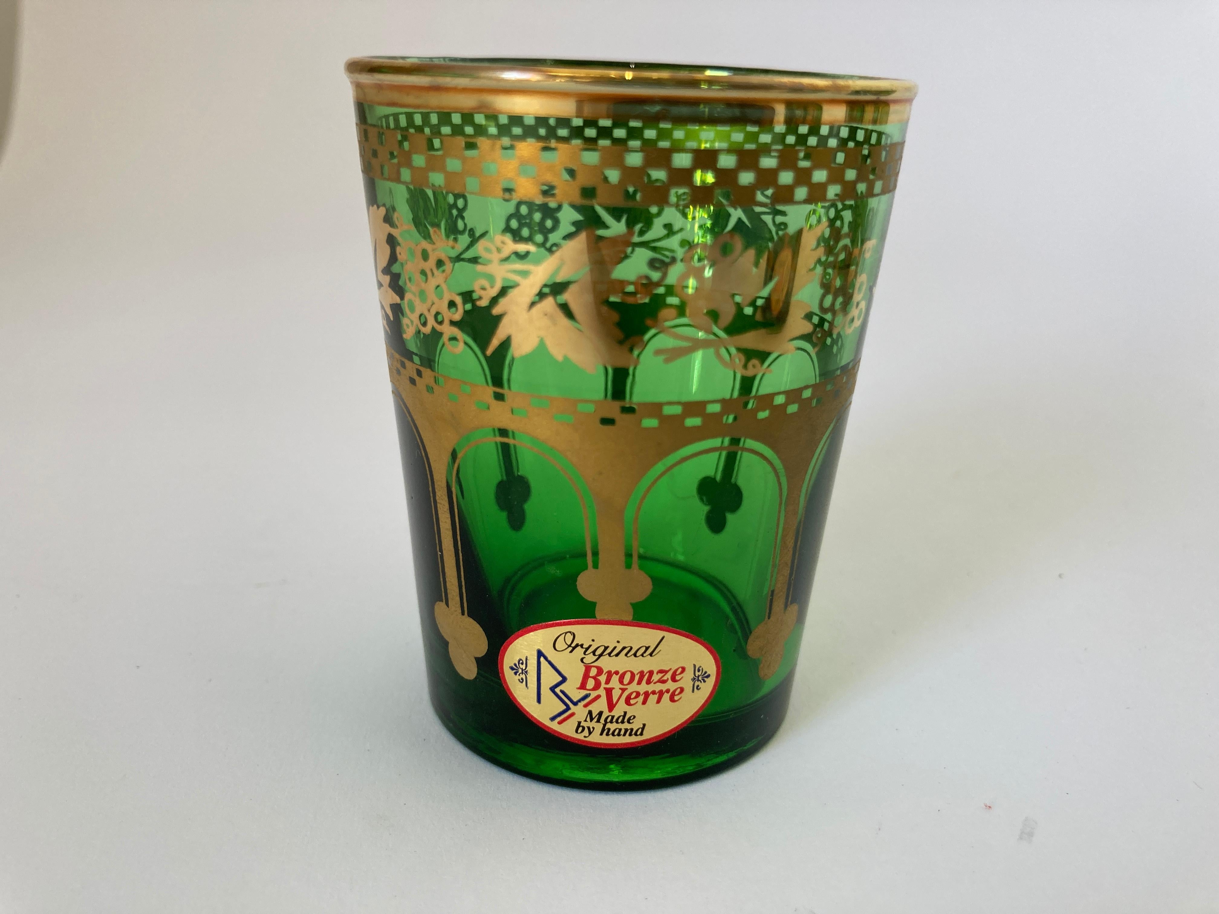 Set of Six Handblown Moroccan Green and Gold Glasses For Sale 2