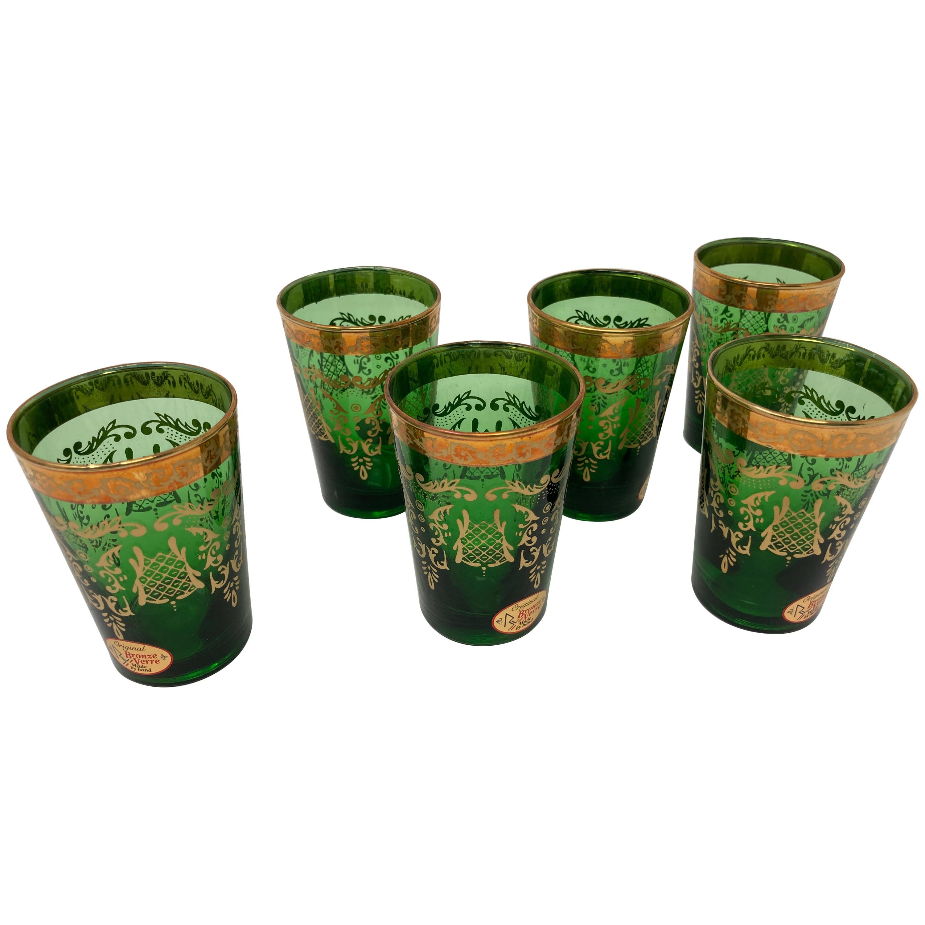 Set of Six Handblown Moorish Green and Gold Tea Glasses For Sale