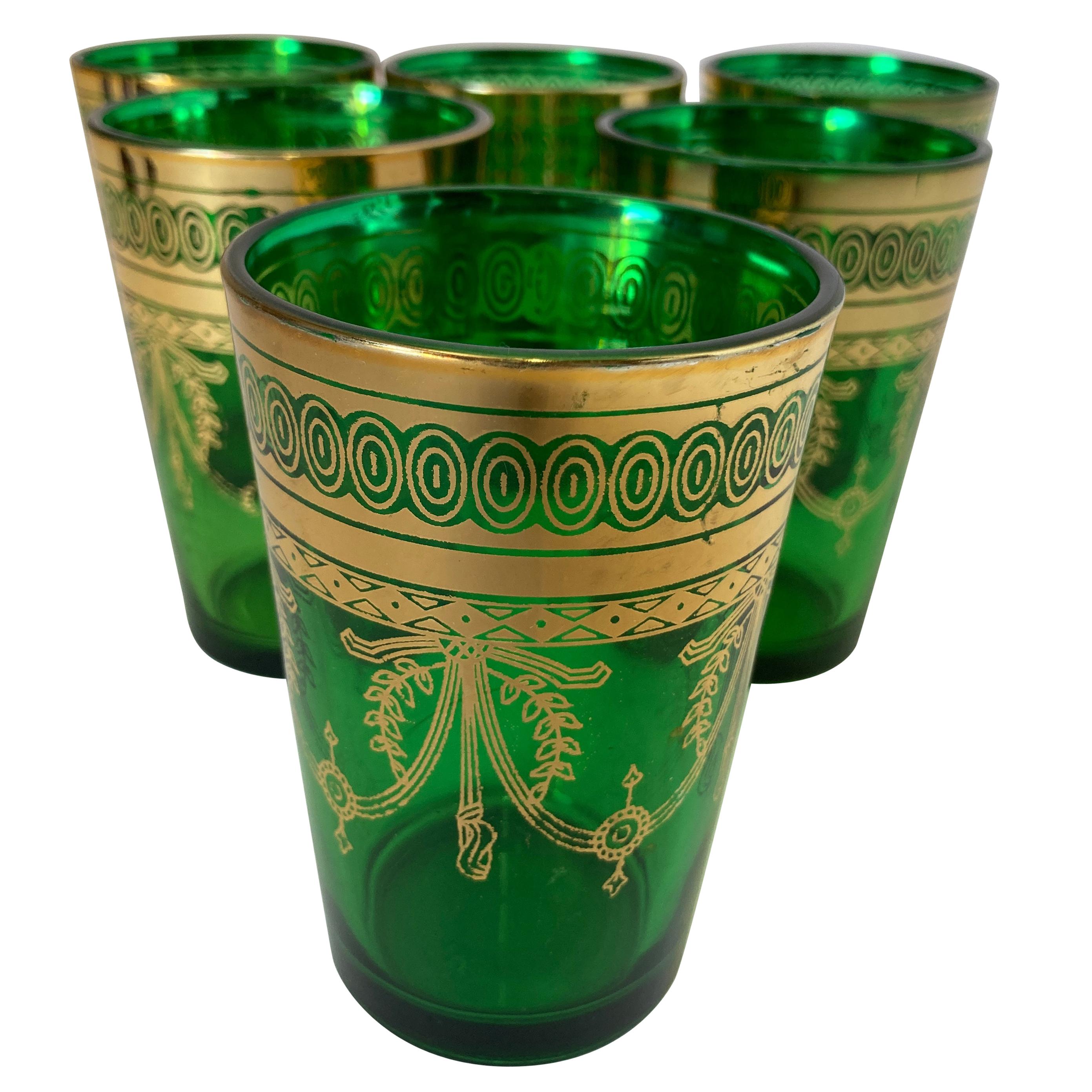 Set of Six Handblown Moroccan Moorish Green and Gold Glasses For Sale