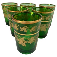 Set of Six Handblown Italian Moorish Green with Gold Shot Glasses