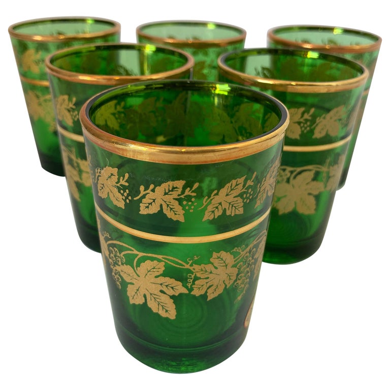 Set of Six Handblown Italian Moorish Green with Gold Shot Glasses For