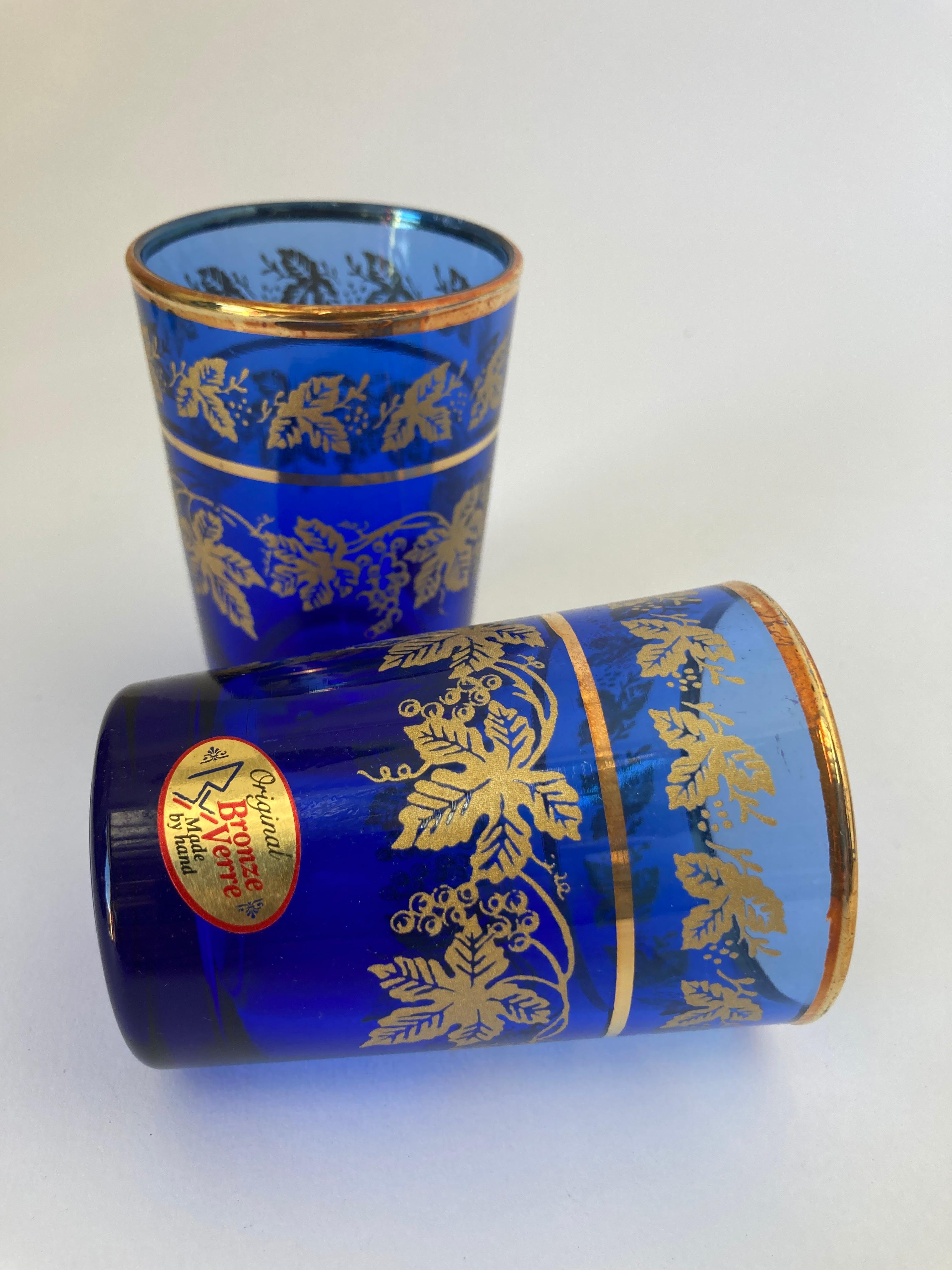 Set of Six Handblown Moorish Blue and Gold Glasses For Sale 3