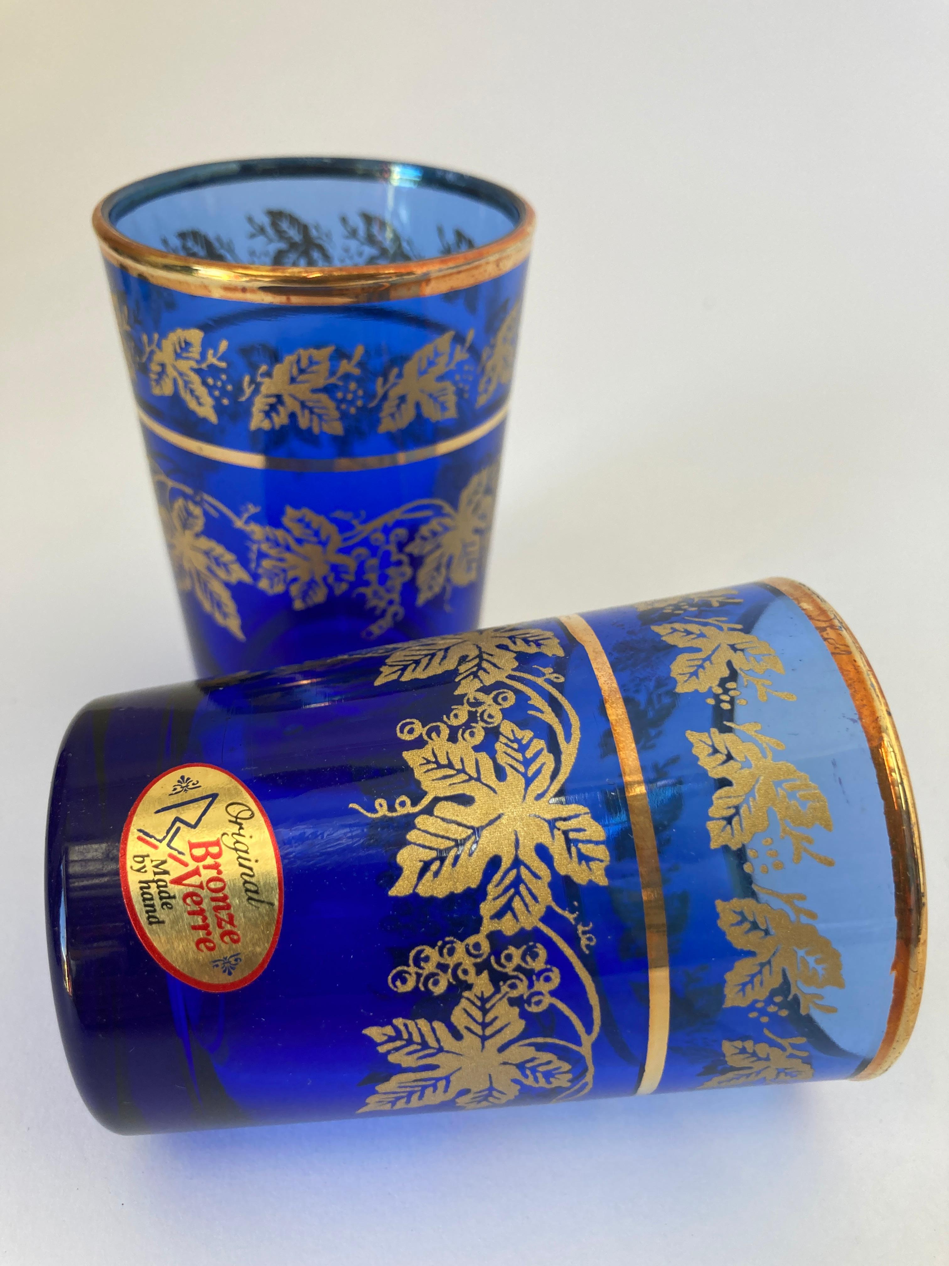 Set of Six Handblown Moorish Blue and Gold Glasses For Sale 4