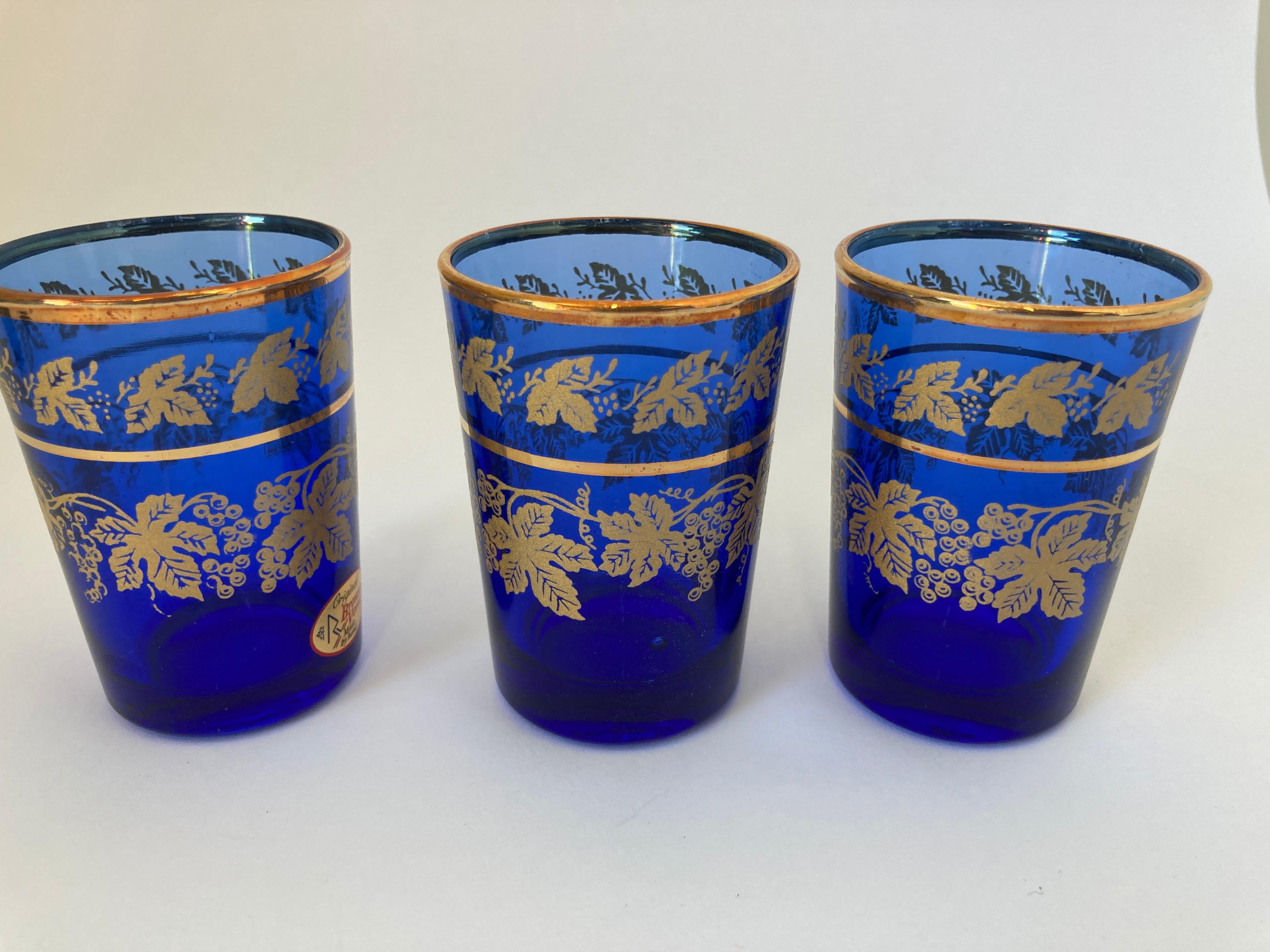 Set of Six Handblown Moorish Blue and Gold Glasses In Good Condition For Sale In North Hollywood, CA