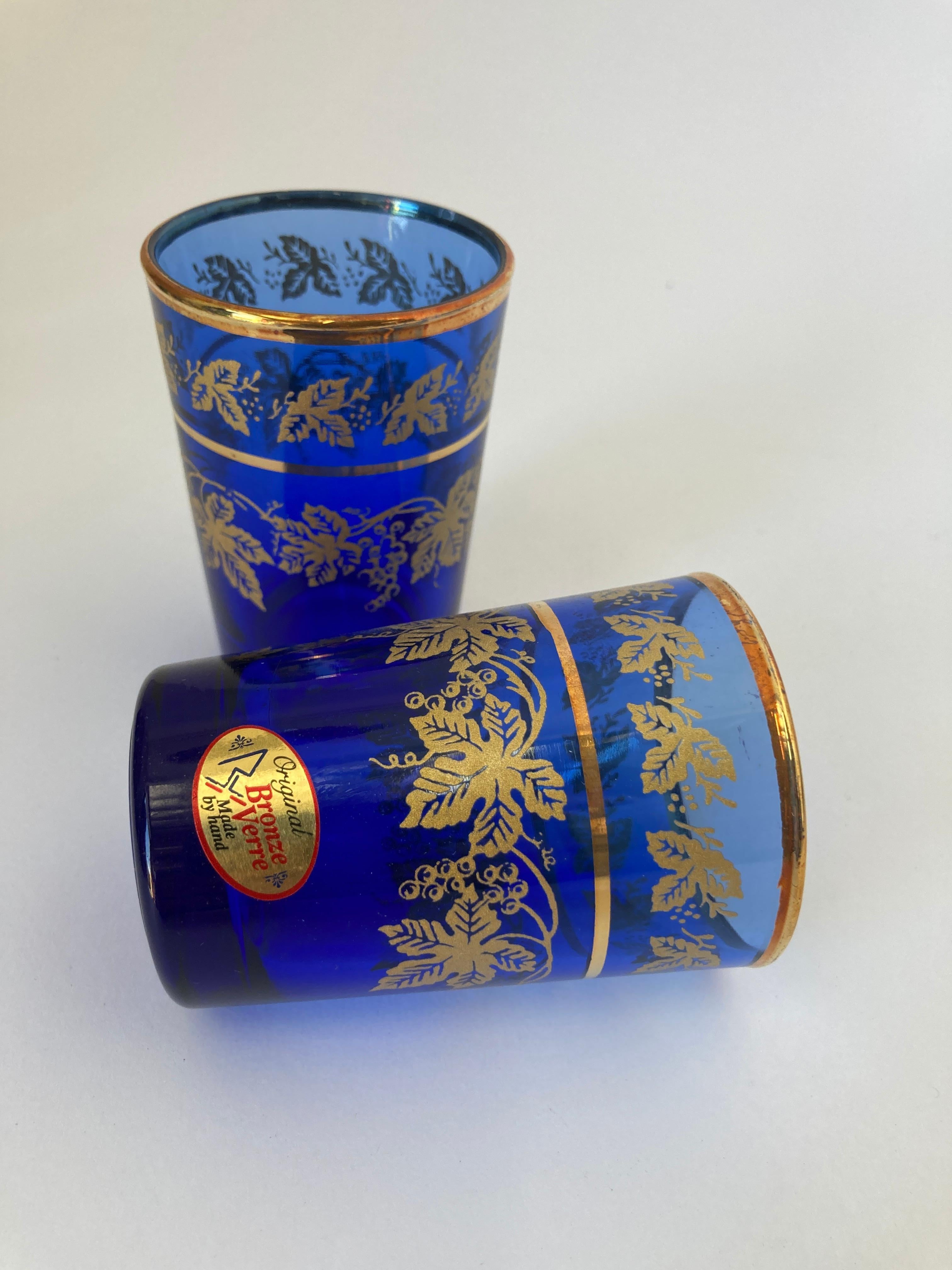 Set of Six Handblown Moorish Blue and Gold Glasses For Sale 1