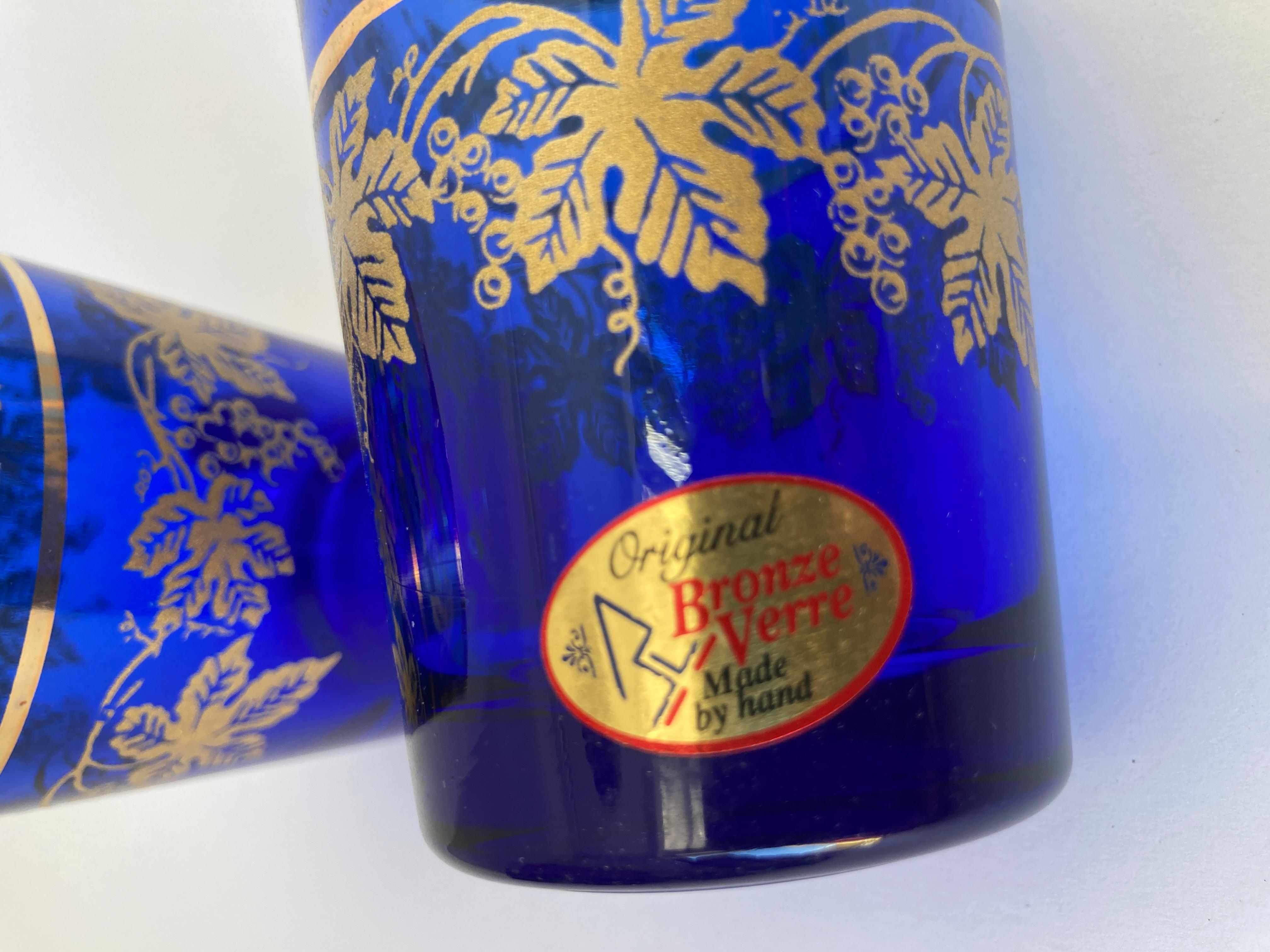 Set of Six Handblown Moorish Blue and Gold Glasses For Sale 2