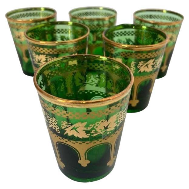 Set of Six Handblown Moroccan Green and Gold Glasses For Sale