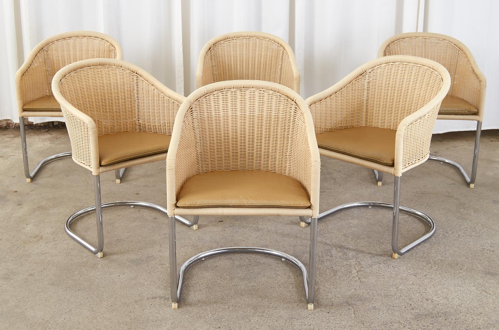 Mid-Century Modern Set of Six Harvey Probber Style Woven Basket Cantilever Chairs
